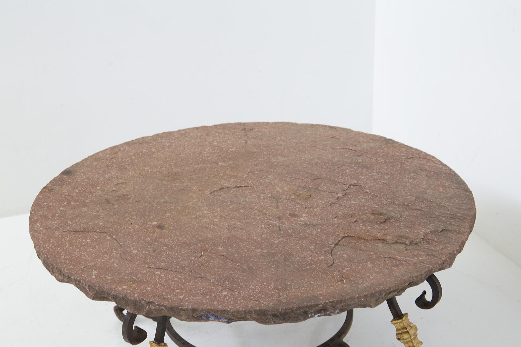Mid-Century Modern Raymond Subes Iron and Gold Leaf Coffee Table with Stone Top