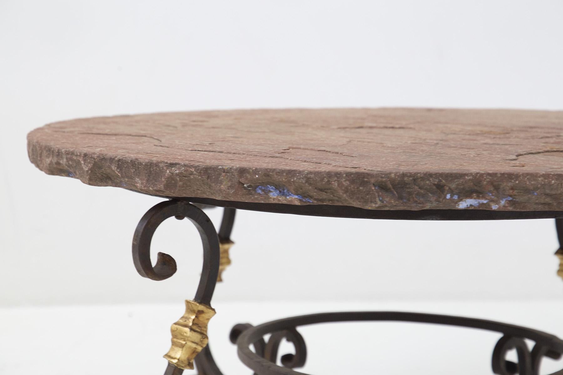 French Raymond Subes Iron and Gold Leaf Coffee Table with Stone Top