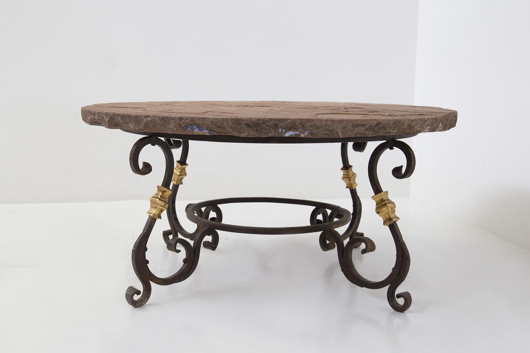 Raymond Subes Iron and Gold Leaf Coffee Table with Stone Top 1