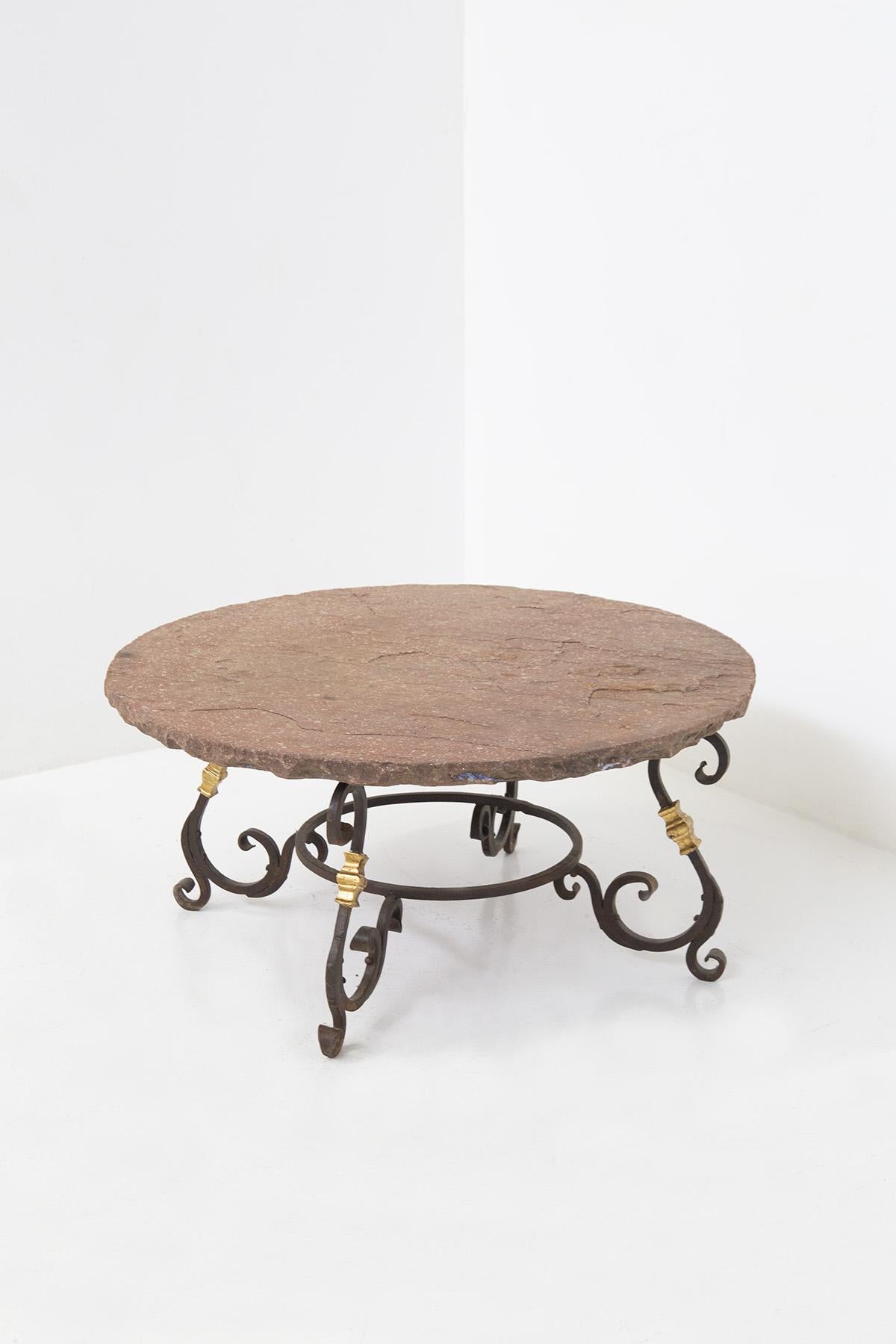 Raymond Subes Iron and Gold Leaf Coffee Table with Stone Top 2