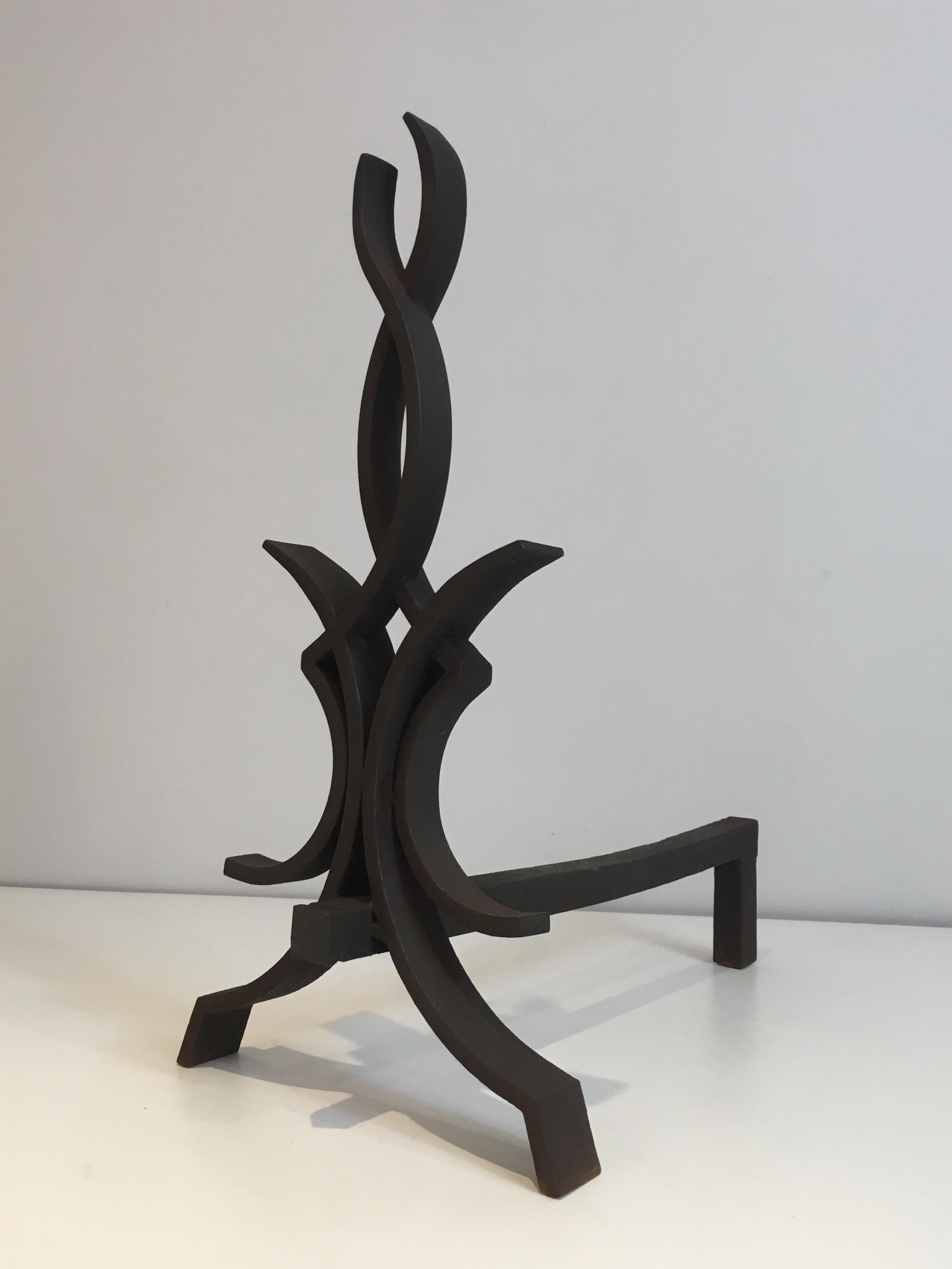 Raymond Subes, Pair of Wrought Iron Andirons, French, Circa 1940 For Sale 5