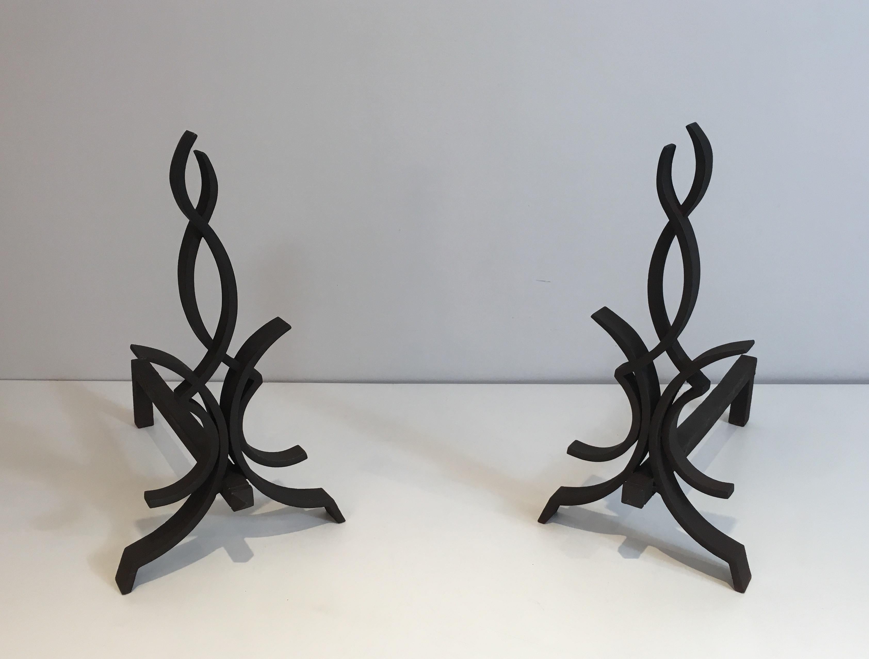 Raymond Subes, Pair of Wrought Iron Andirons, French, Circa 1940 For Sale 7