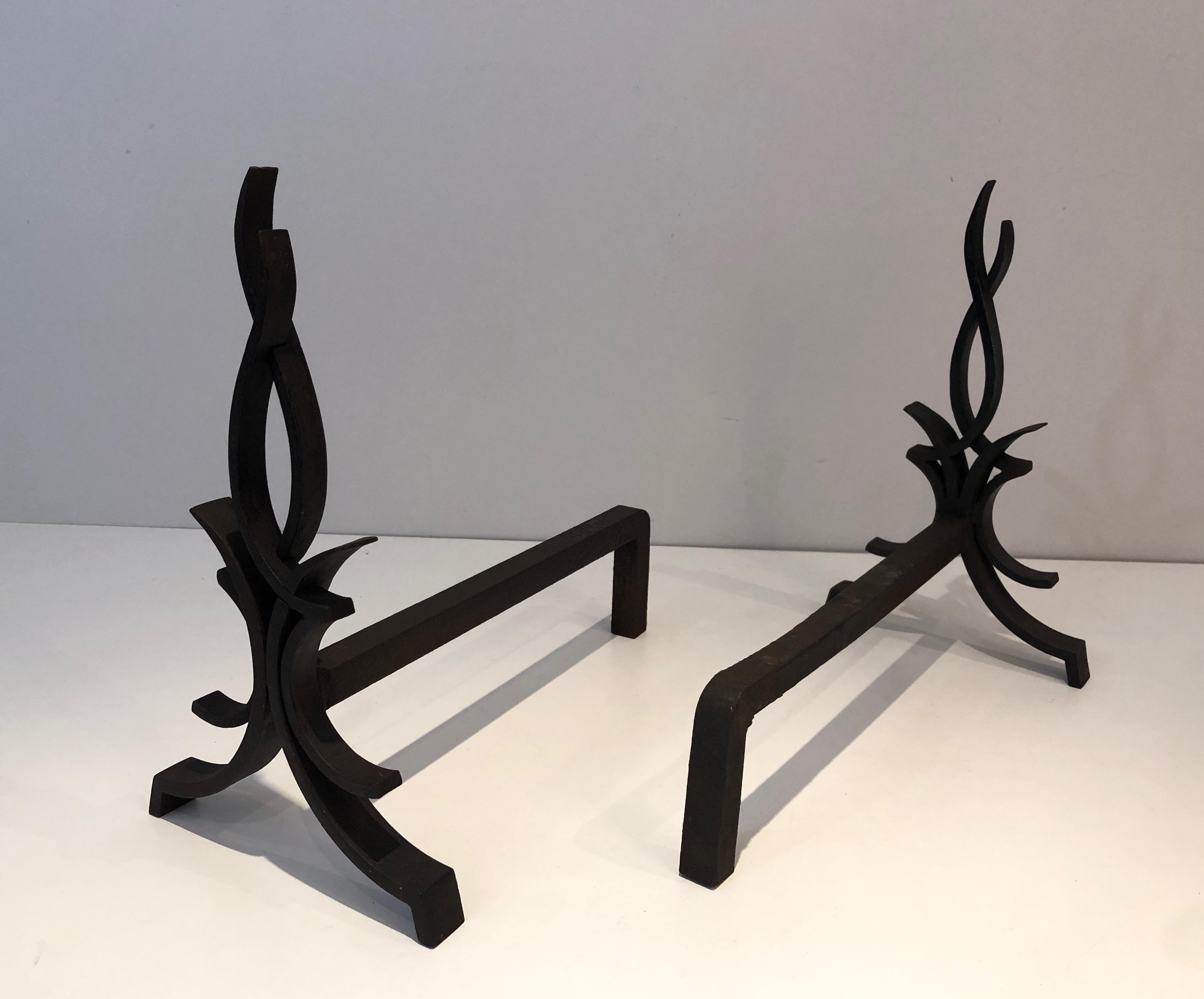 Raymond Subes, Pair of Wrought Iron Andirons, French, Circa 1940 For Sale 11