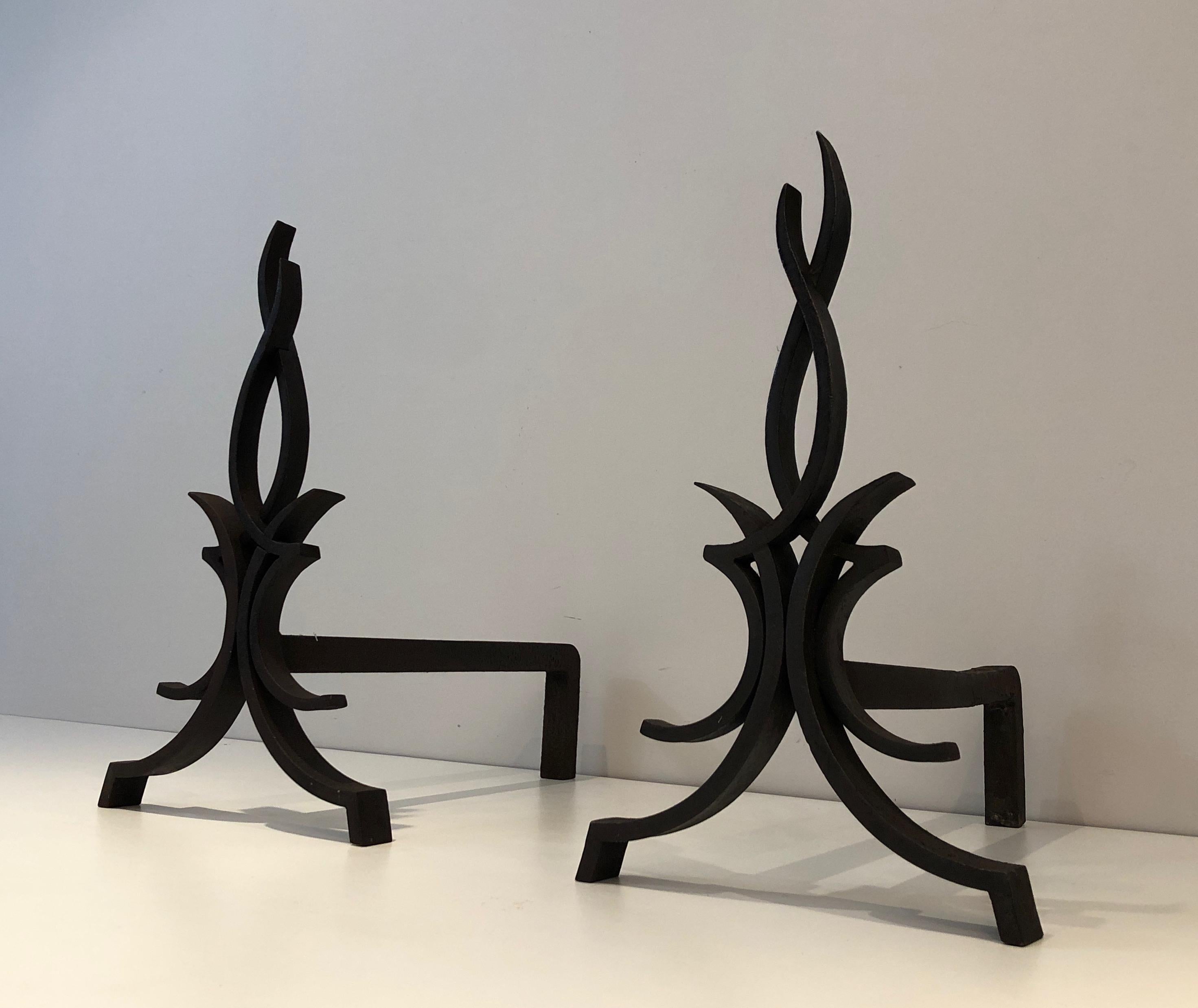 Raymond Subes, Pair of Wrought Iron Andirons, French, Circa 1940 For Sale 12