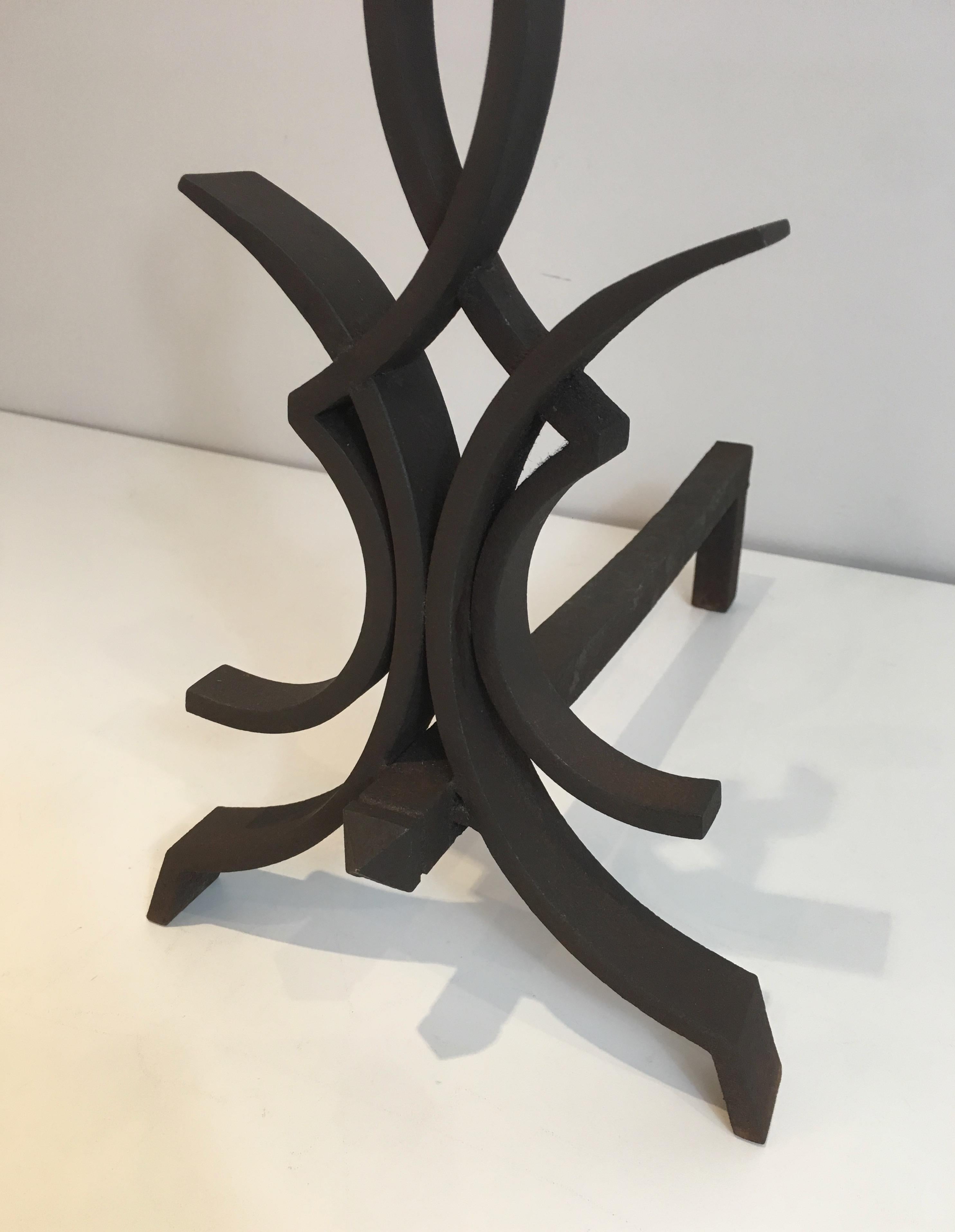 Raymond Subes, Pair of Wrought Iron Andirons, French, Circa 1940 For Sale 12