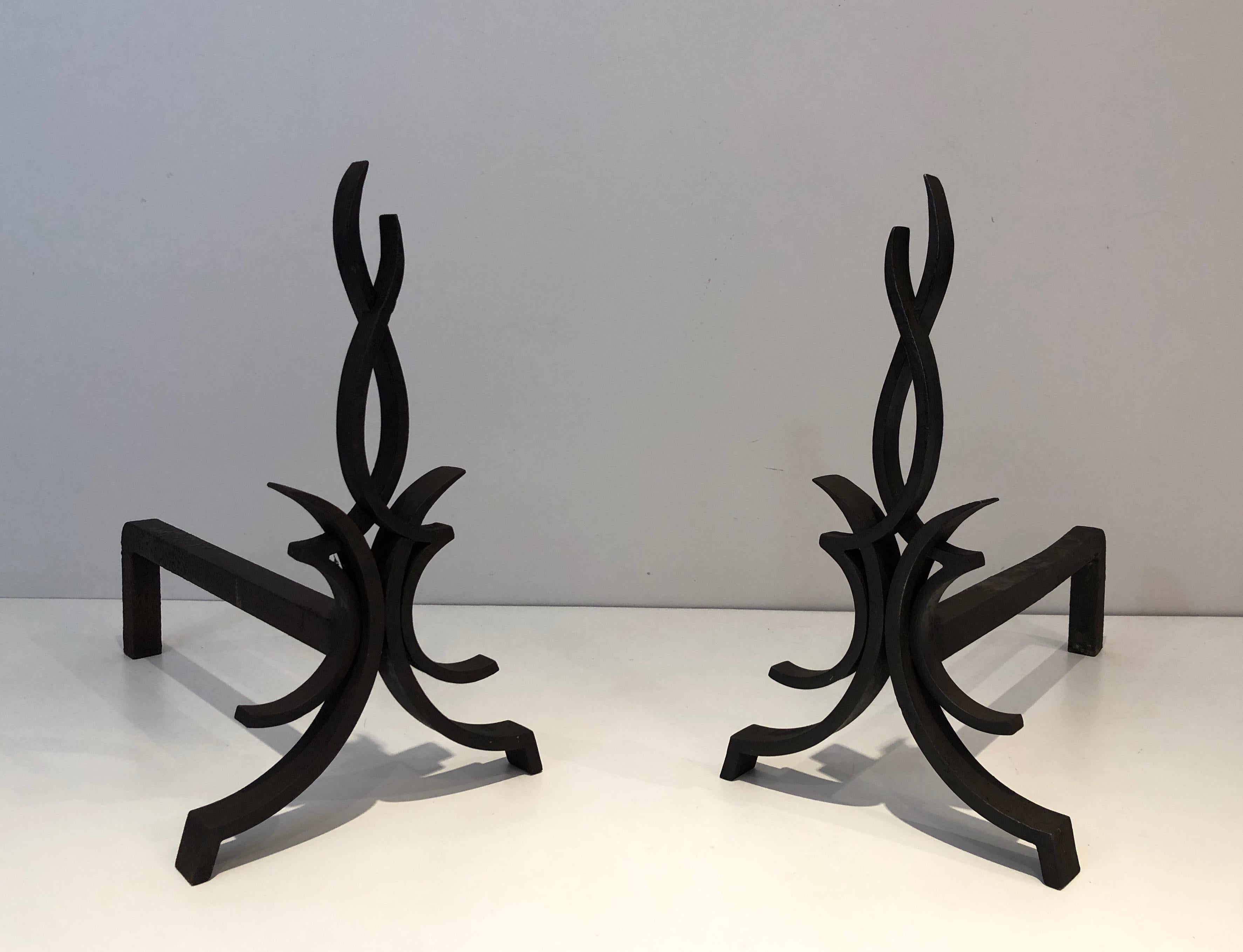 Raymond Subes, Pair of Wrought Iron Andirons, French, Circa 1940 For Sale 13