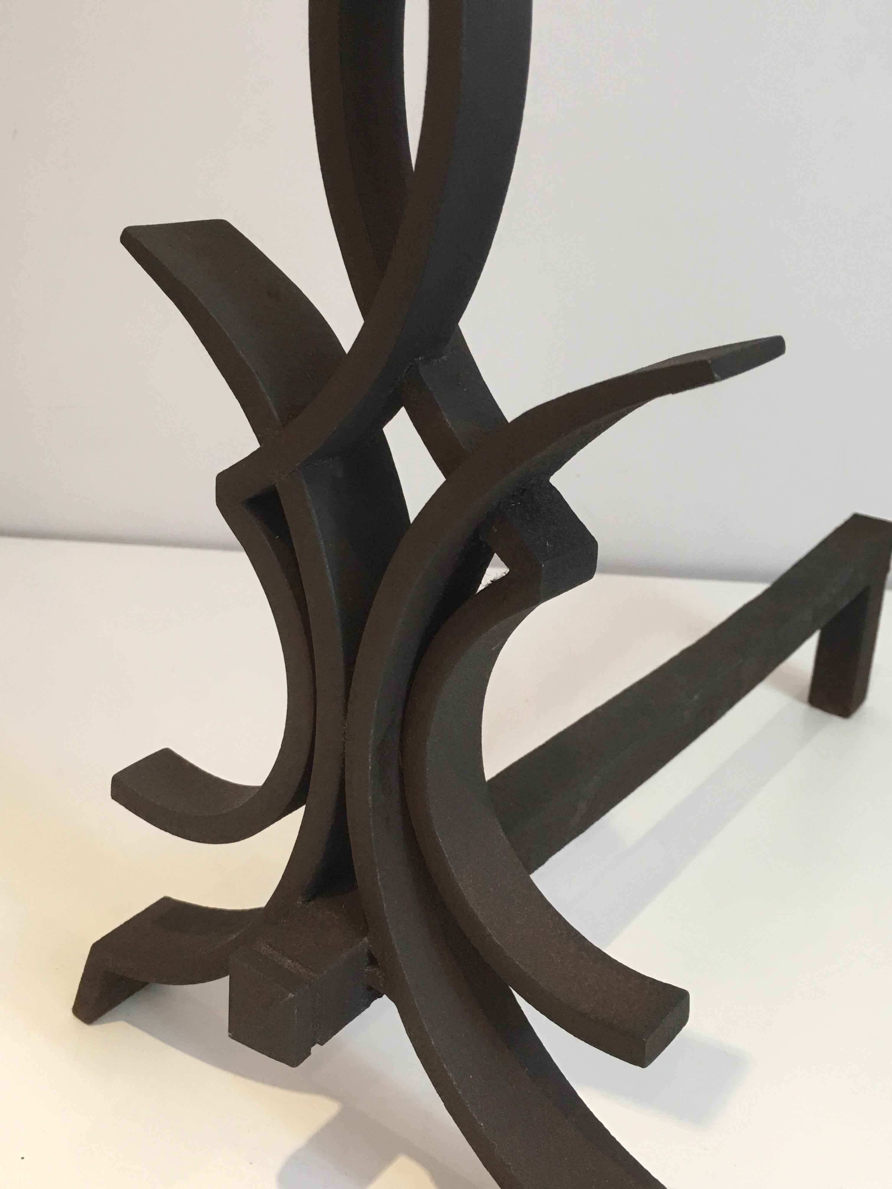 Raymond Subes, Pair of Wrought Iron Andirons, French, Circa 1940 For Sale 13