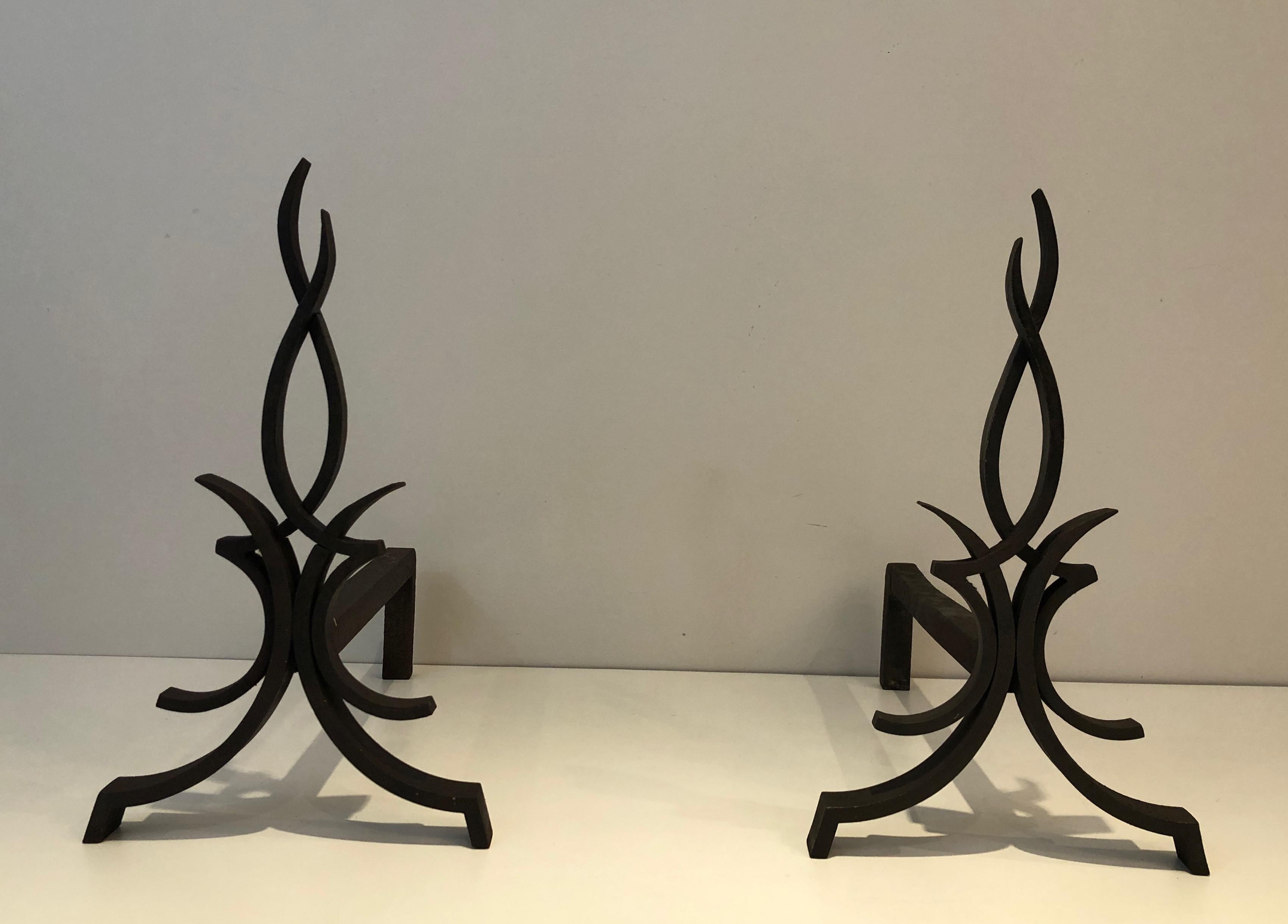 Raymond Subes, Pair of Wrought Iron Andirons, French, Circa 1940 For Sale 14