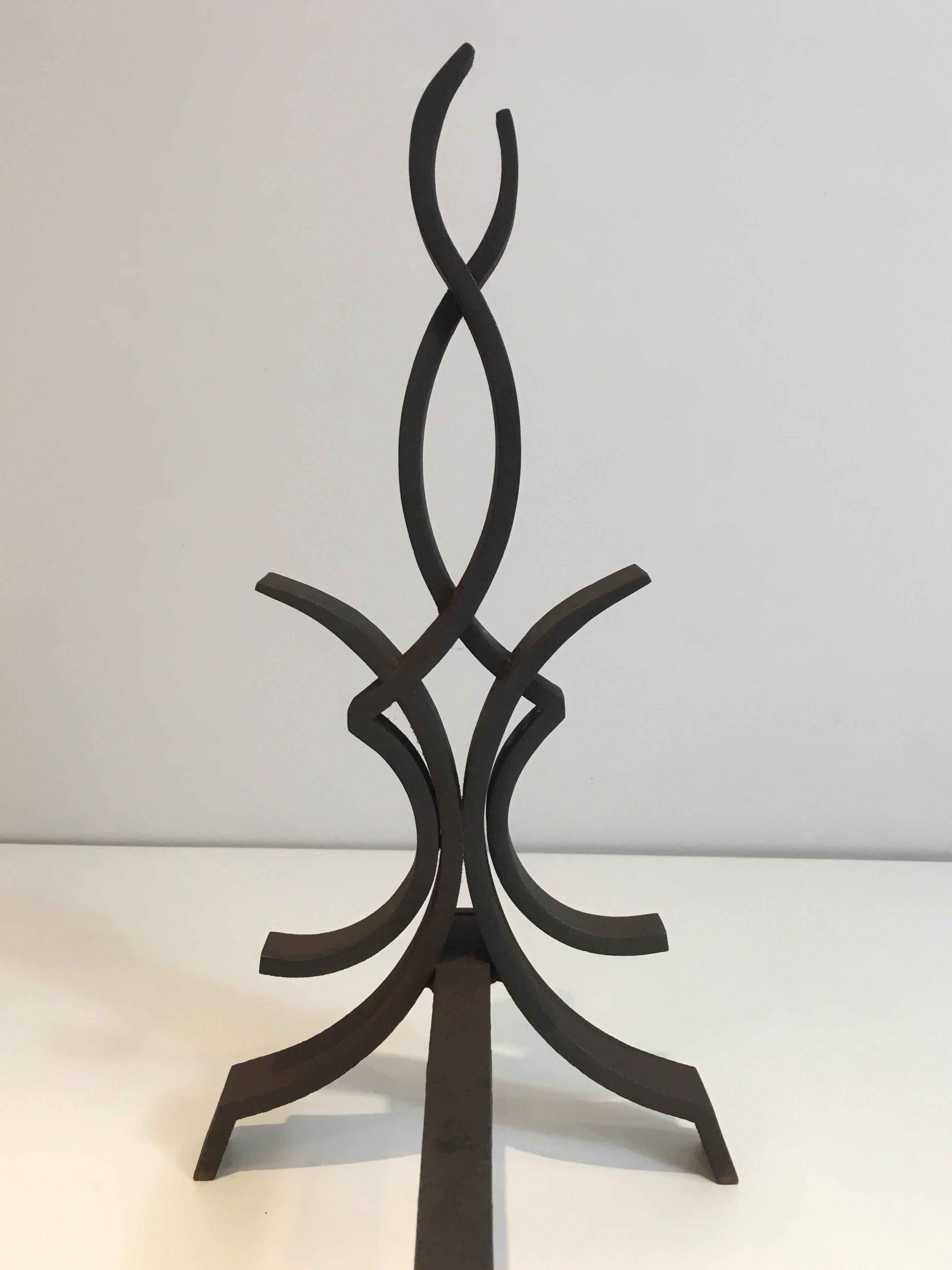 Raymond Subes, Pair of Wrought Iron Andirons, French, Circa 1940 For Sale 14