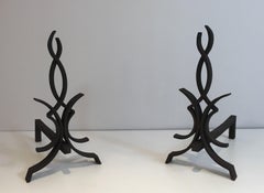 Raymond Subes, Pair of Wrought Iron Andirons, French, Circa 1940