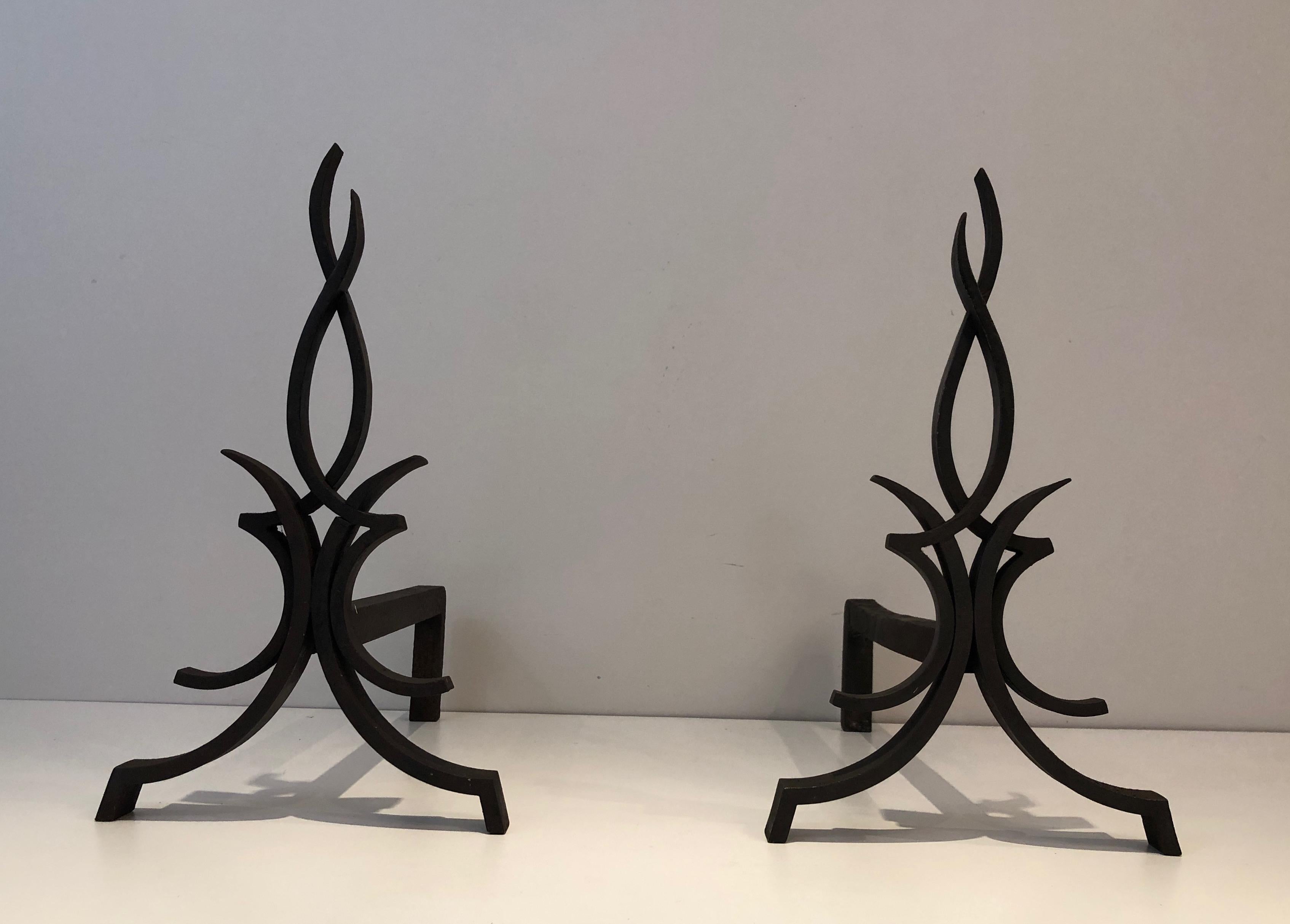 Raymond Subes, Pair of Wrought Iron Andirons, French, Circa 1940 For Sale 15