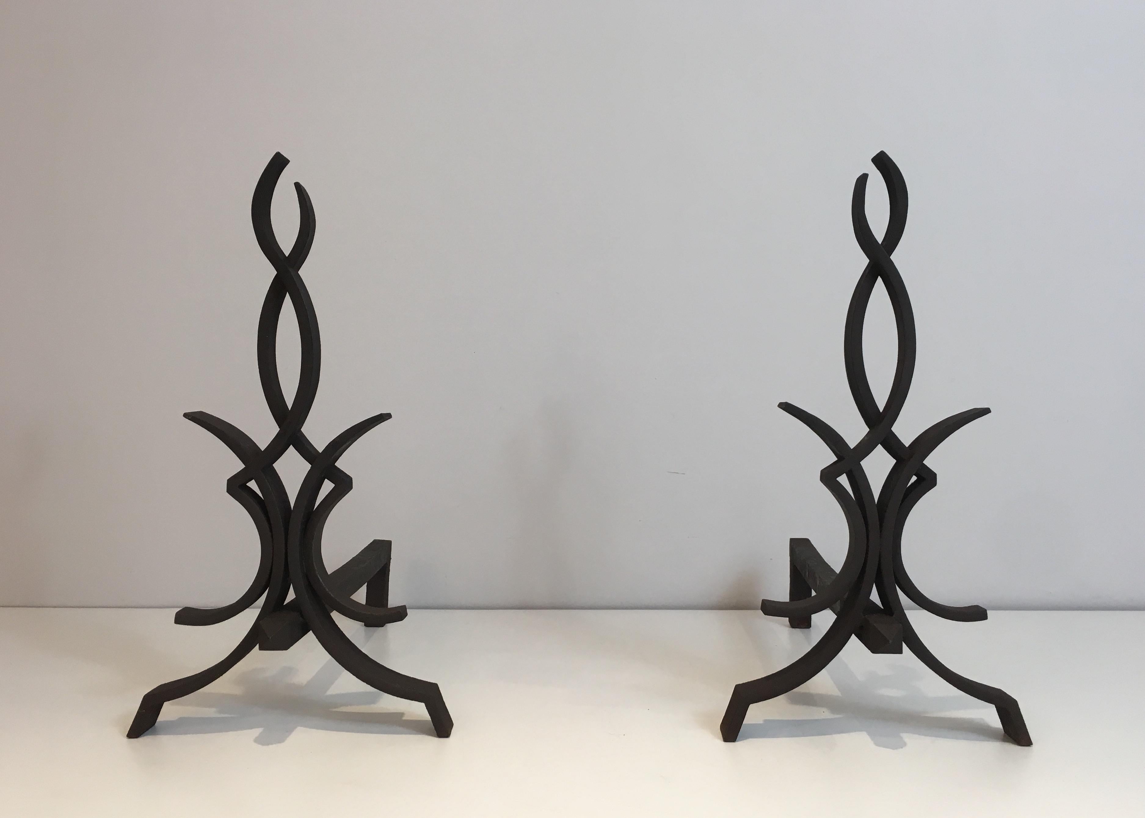Raymond Subes, Pair of Wrought Iron Andirons, French, Circa 1940 For Sale 15