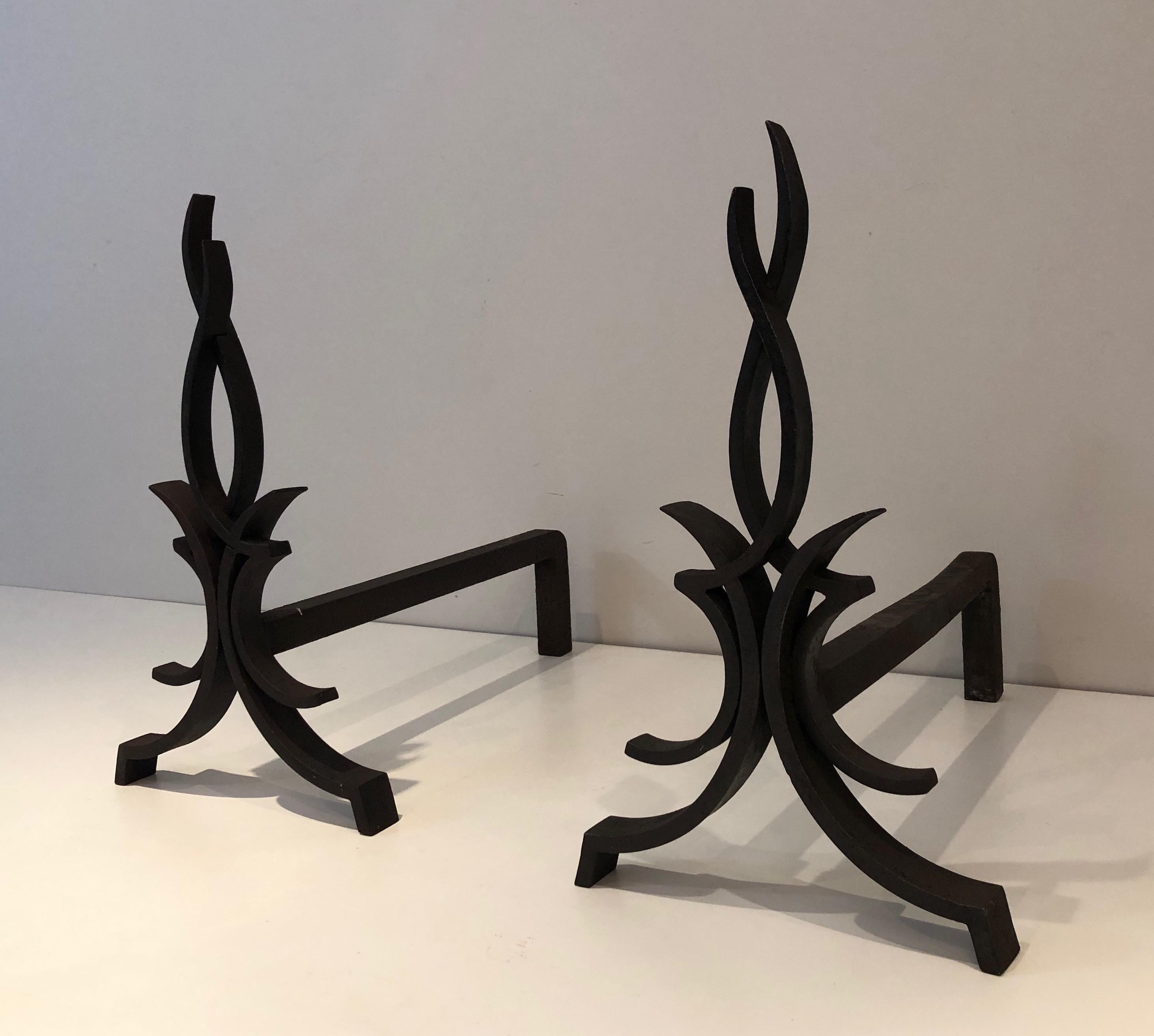 Mid-Century Modern Raymond Subes, Pair of Wrought Iron Andirons, French, Circa 1940 For Sale