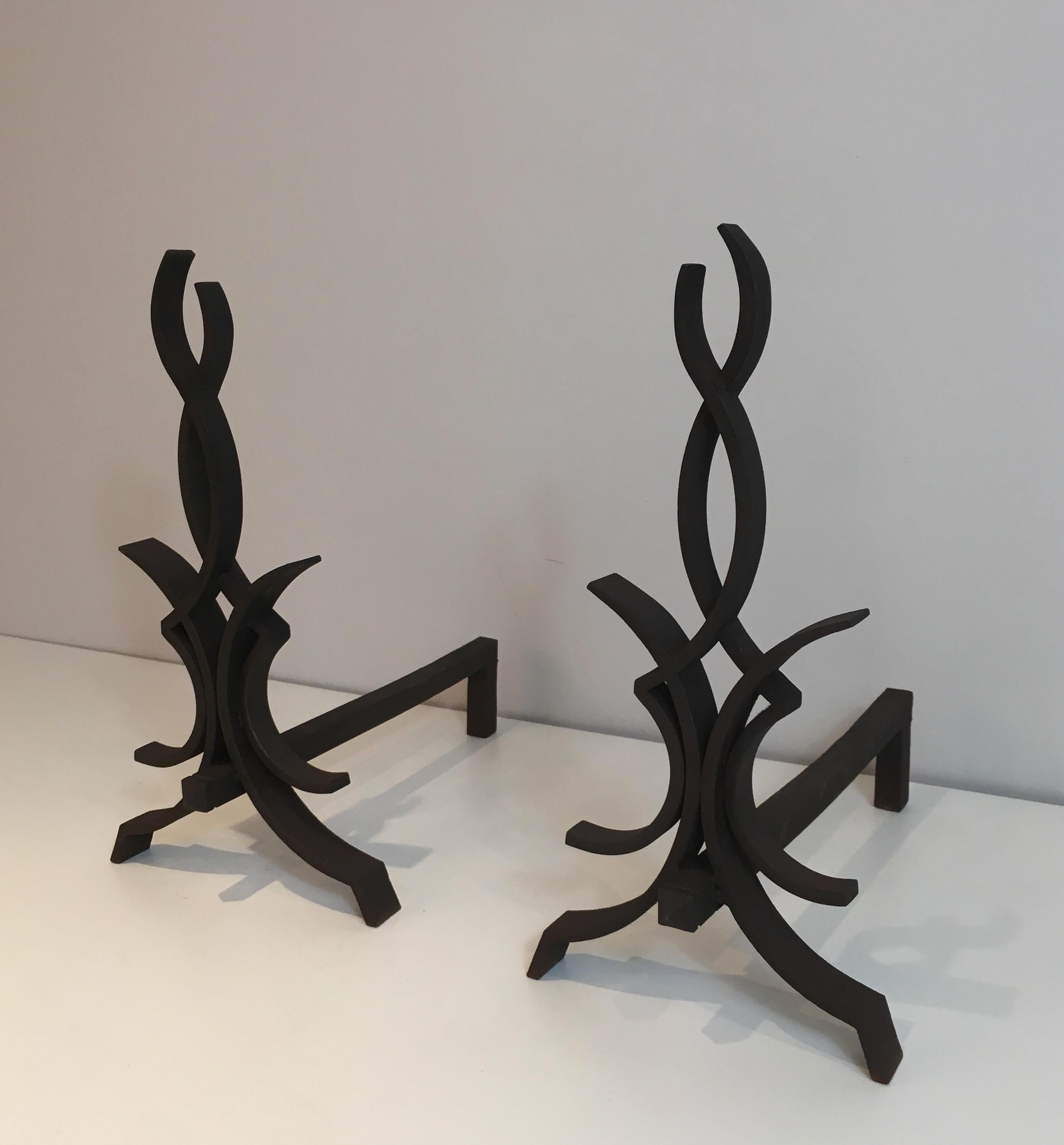 Mid-Century Modern Raymond Subes, Pair of Wrought Iron Andirons, French, Circa 1940 For Sale
