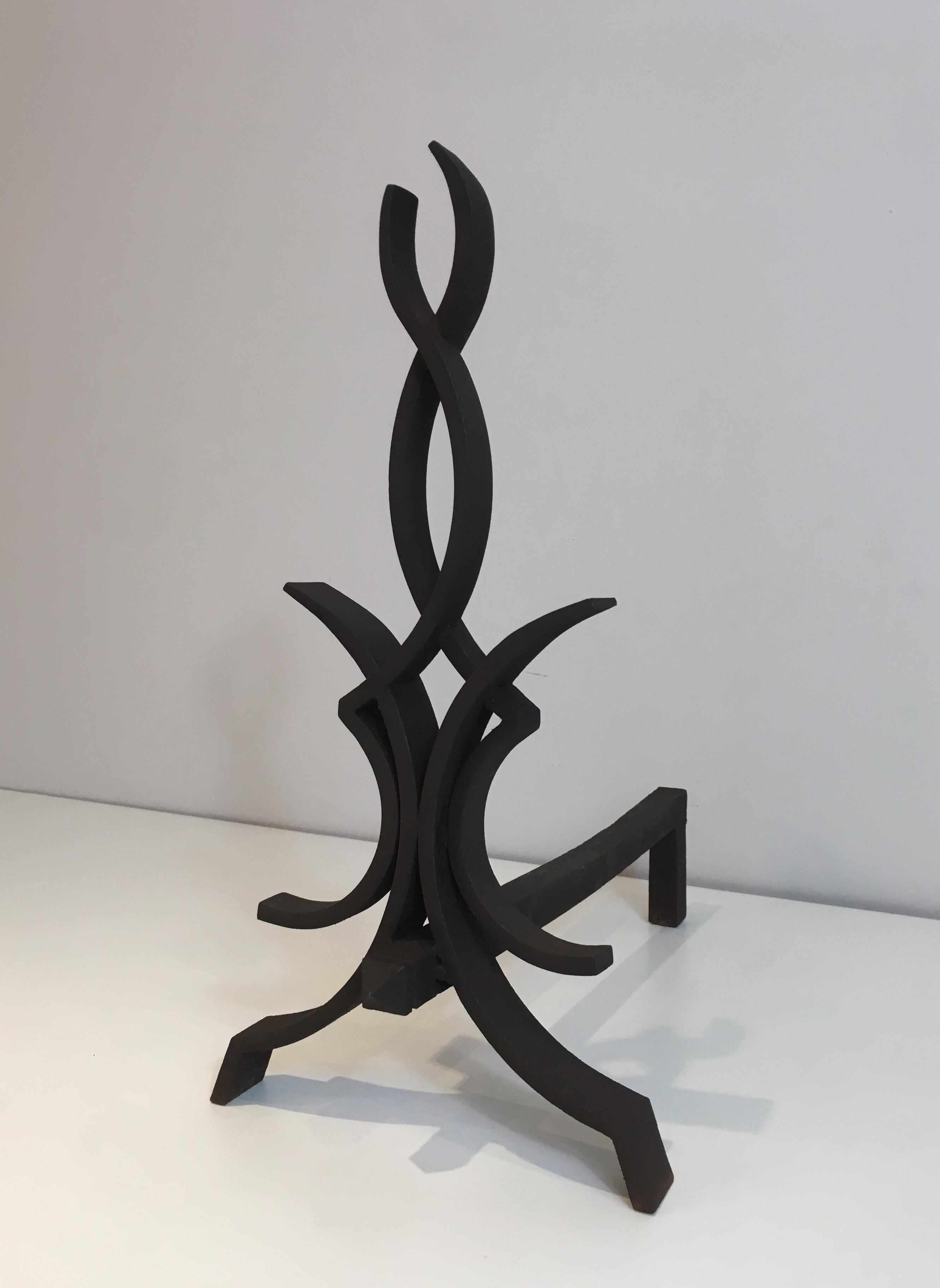 Raymond Subes, Pair of Wrought Iron Andirons, French, Circa 1940 For Sale 1