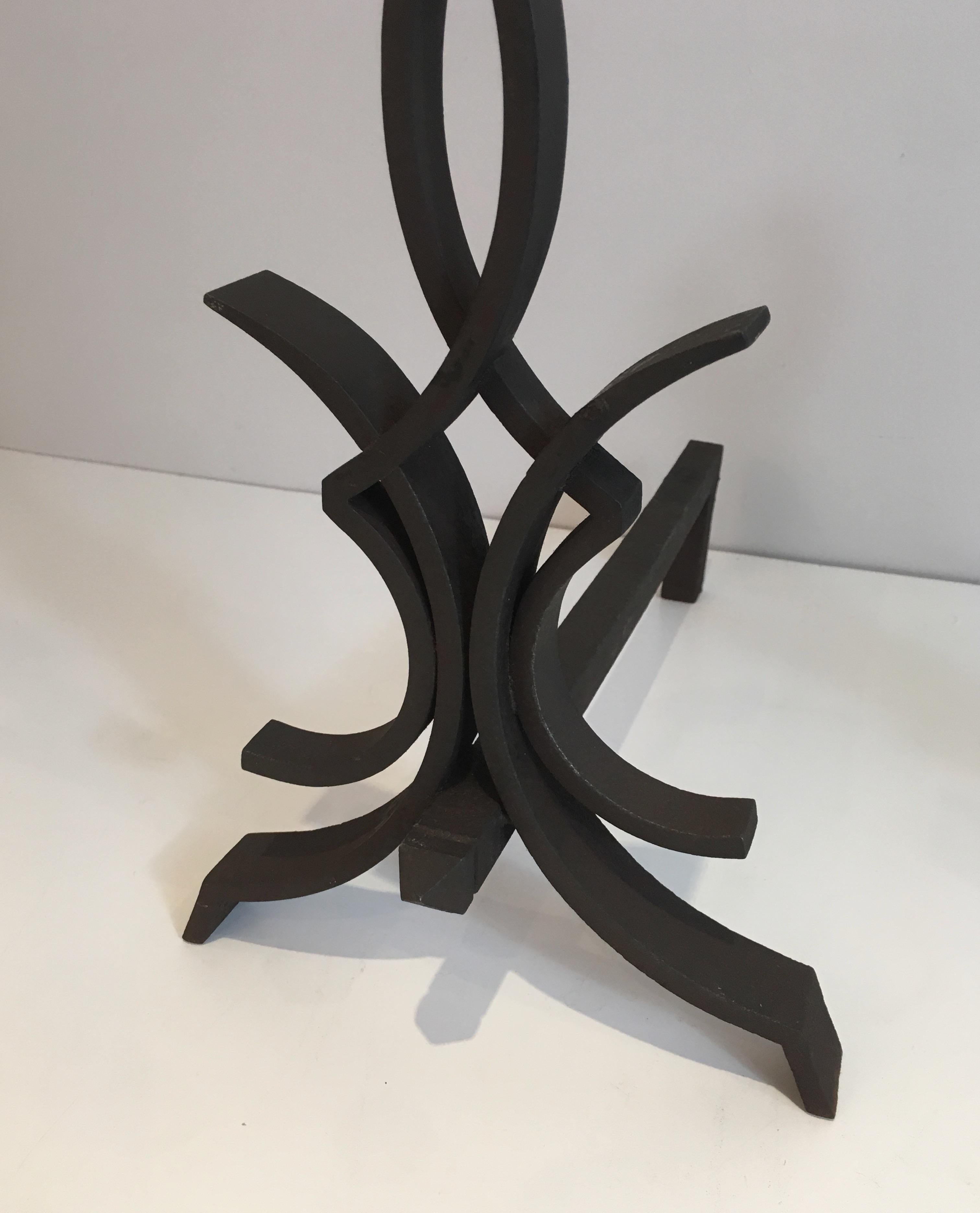 Raymond Subes, Pair of Wrought Iron Andirons, French, Circa 1940 For Sale 3