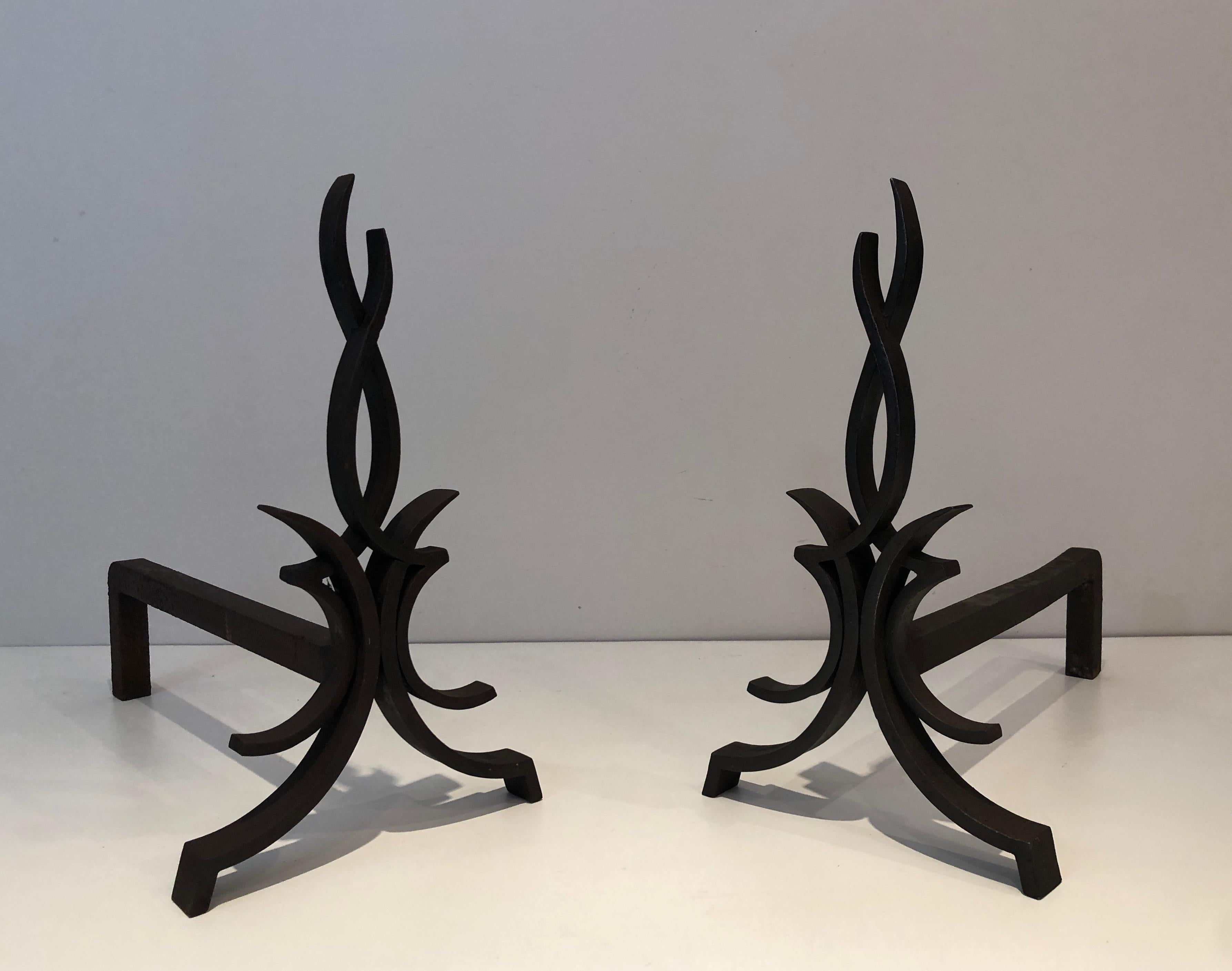 Raymond Subes, Pair of Wrought Iron Andirons, French, Circa 1940 For Sale 4