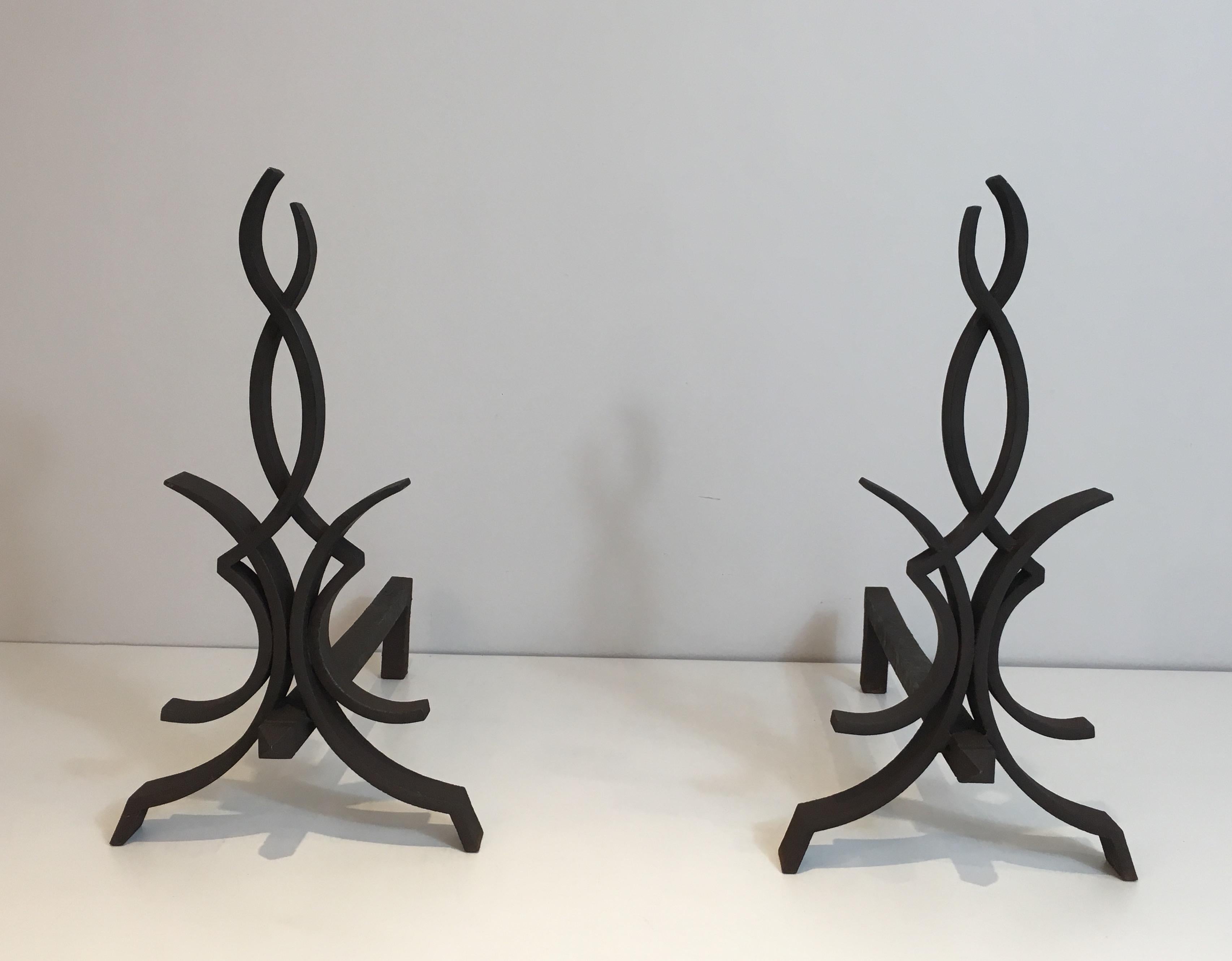 Raymond Subes, Pair of Wrought Iron Andirons, French, Circa 1940 For Sale 4