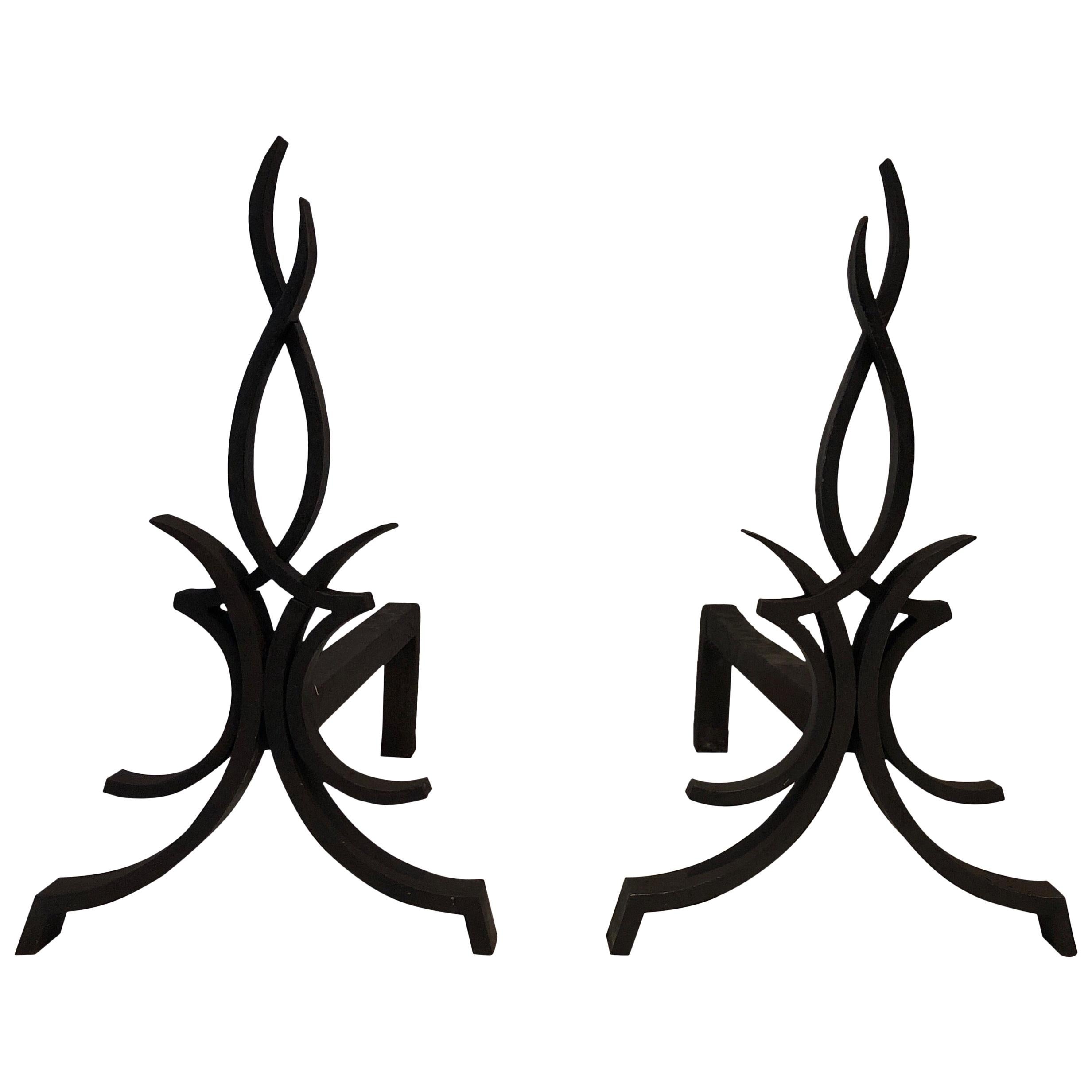 Raymond Subes, Pair of Wrought Iron Andirons, French, Circa 1940