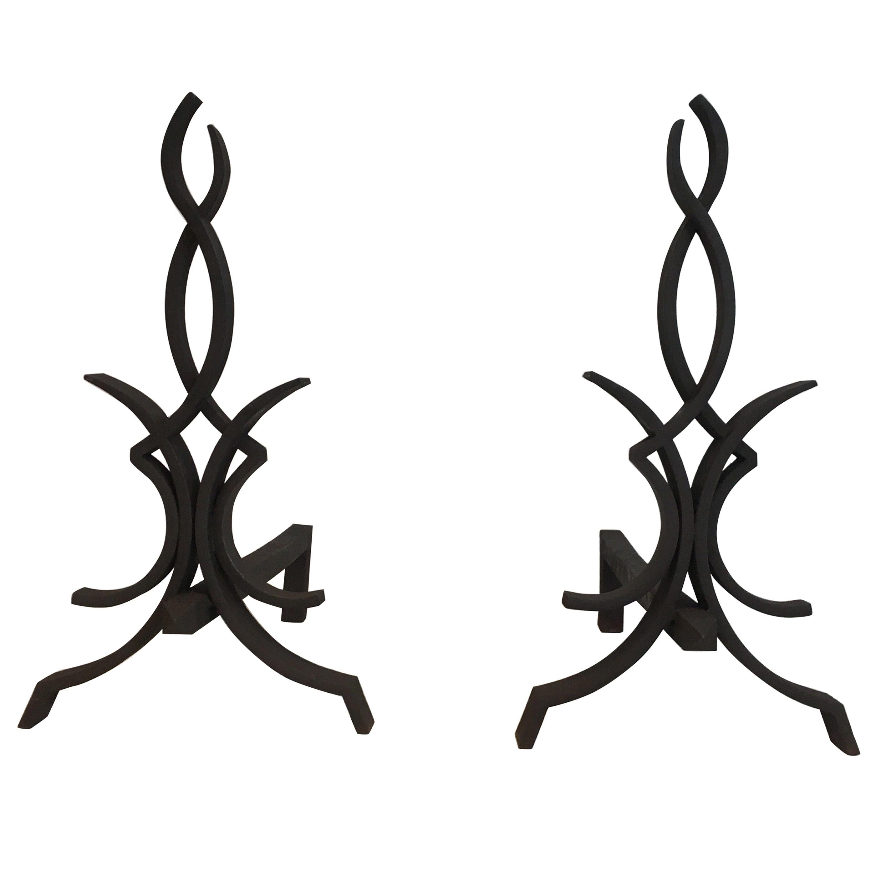 Raymond Subes, Pair of Wrought Iron Andirons, French, Circa 1940