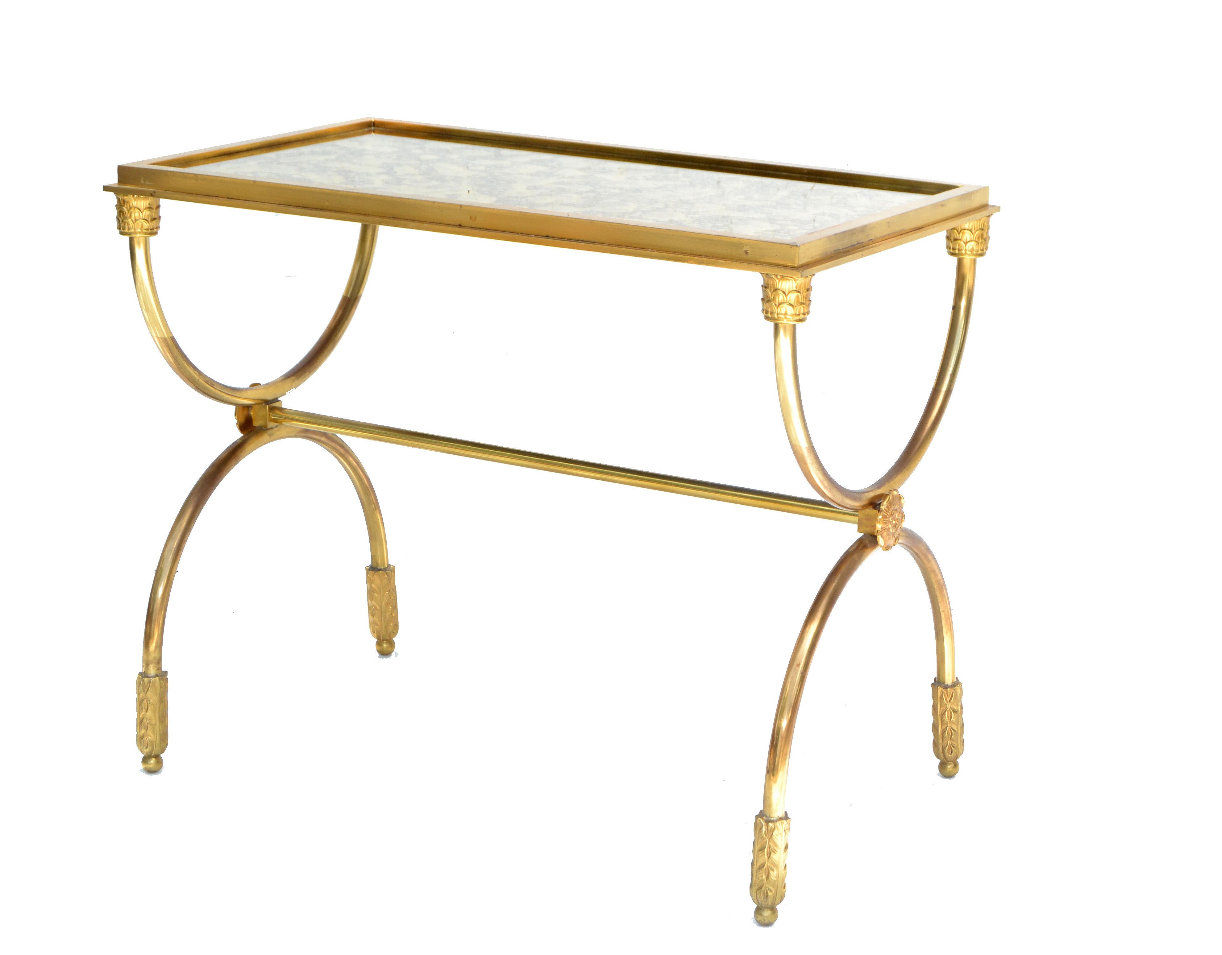 Raymond Subes Style Bronze Side Table Cloudy Mirror Glass French Neoclassical 7