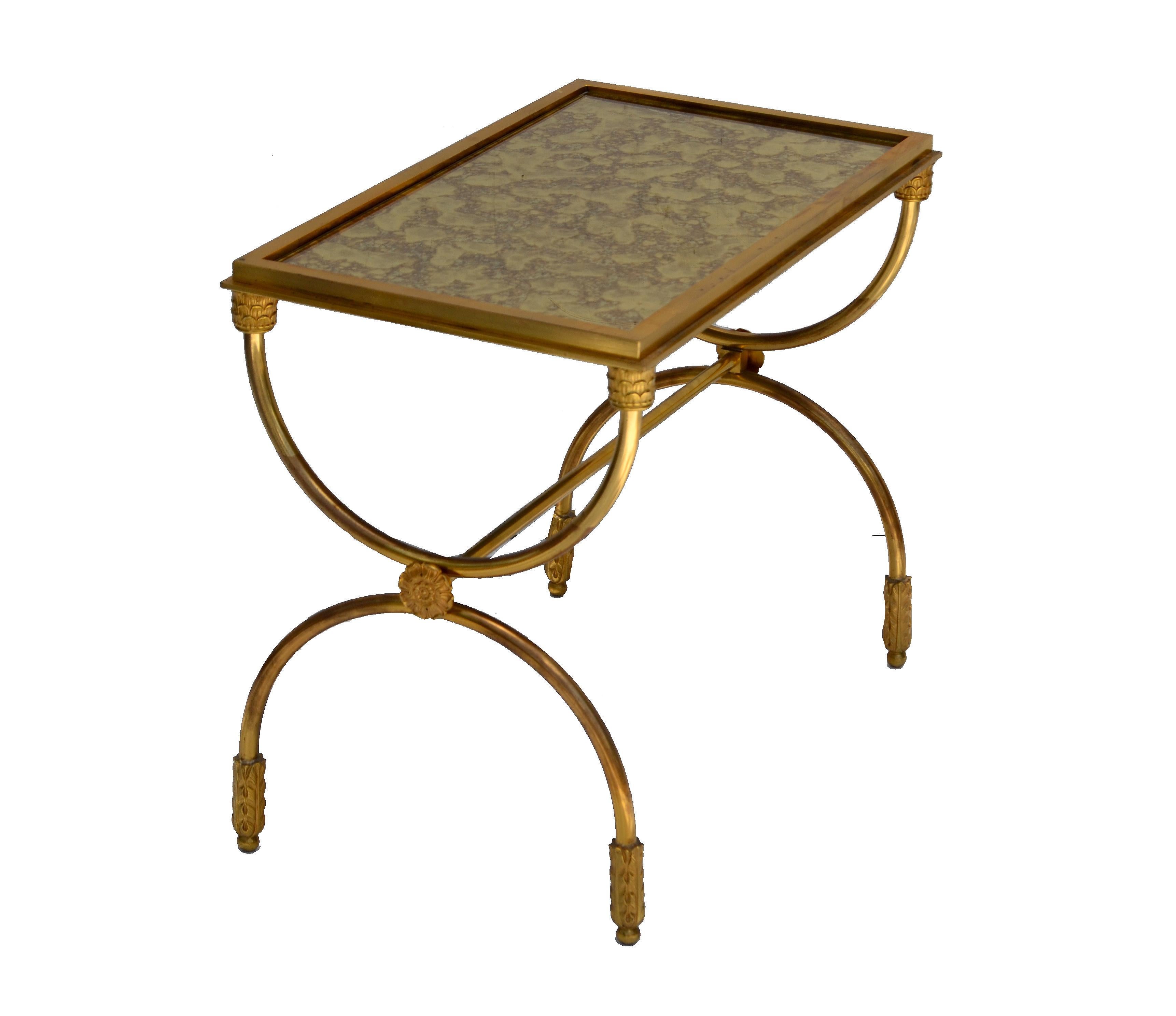 Hand-Crafted Raymond Subes Style Bronze Side Table Cloudy Mirror Glass French Neoclassical