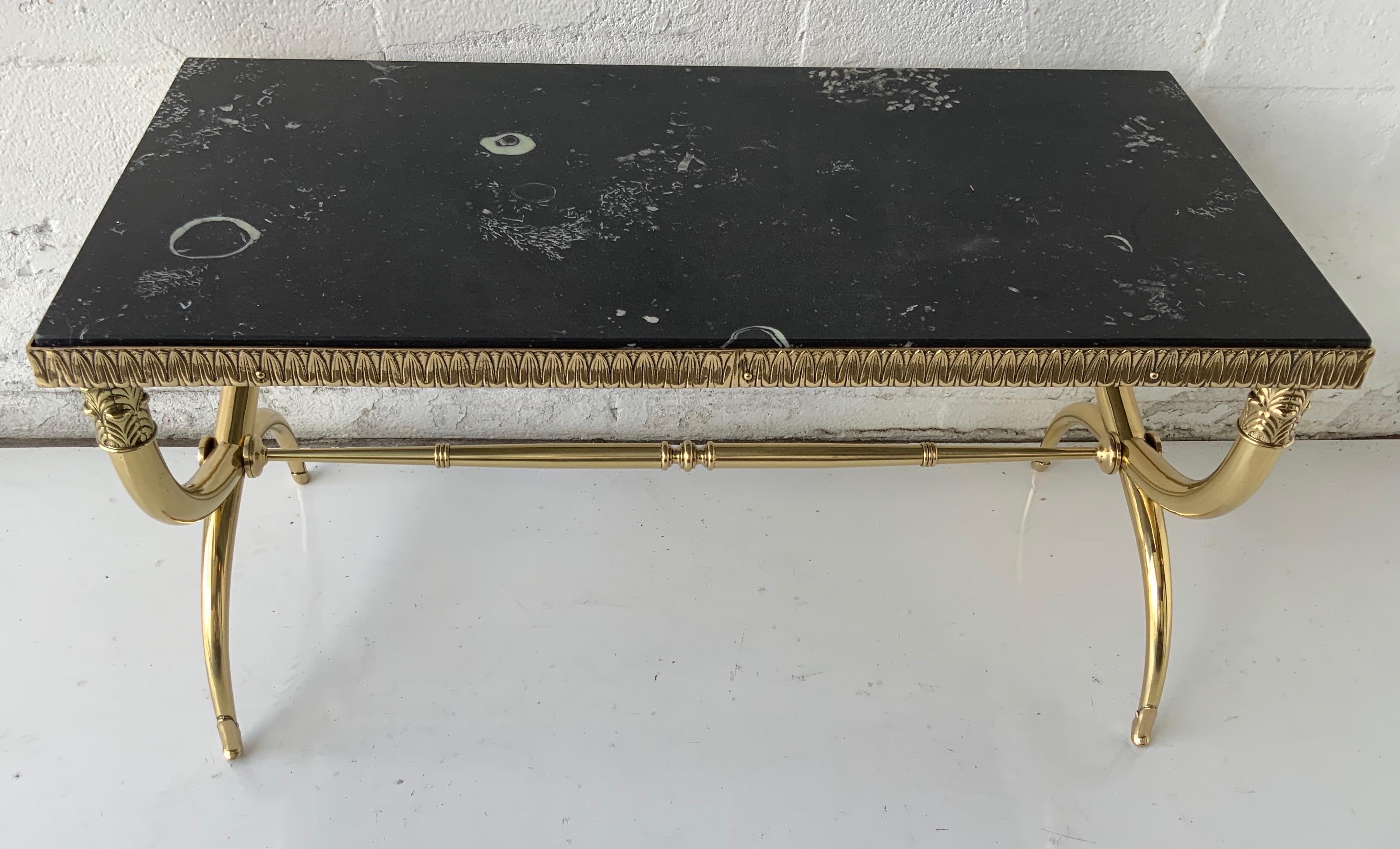 Superb Raymond Subes polished brass and marble top coffee table.