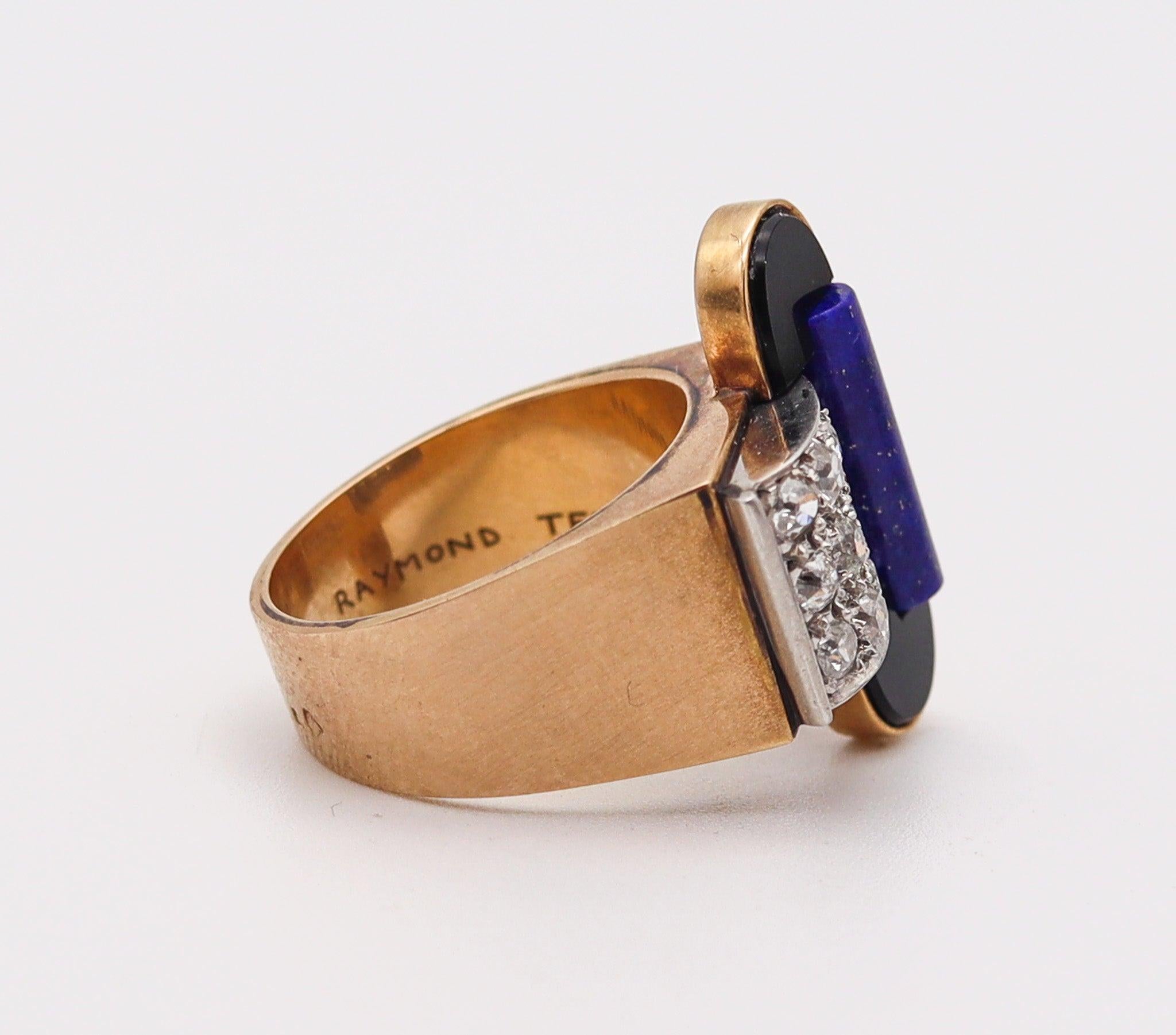 Old European Cut RAYMOND TEMPLIER 1930 Sculptural Ring In 18Kt Gold Platinum And Gemstones For Sale