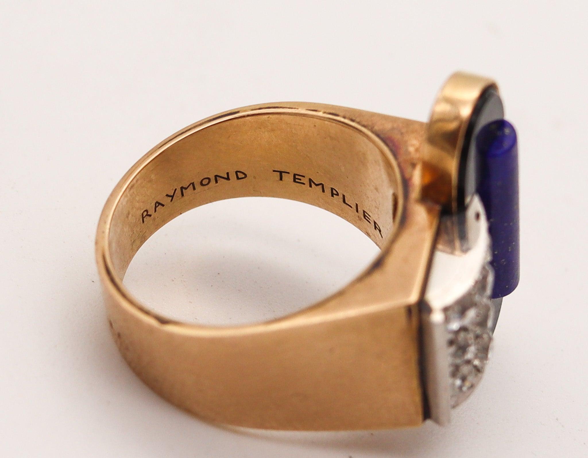 Women's or Men's RAYMOND TEMPLIER 1930 Sculptural Ring In 18Kt Gold Platinum And Gemstones For Sale