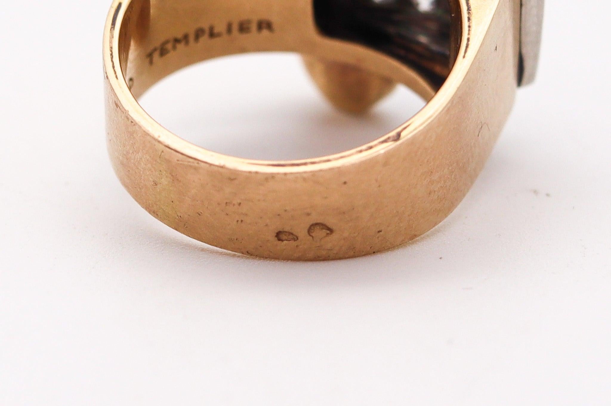 RAYMOND TEMPLIER 1930 Sculptural Ring In 18Kt Gold Platinum And Gemstones For Sale 1