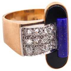 RAYMOND TEMPLIER 1930 Sculptural Ring In 18Kt Gold Platinum And Gemstones