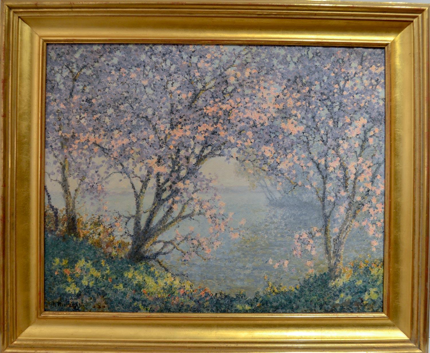 Large French Impressionist "Cherry Blossom" Oil Canvas 25 3/4 x 32 includes book - Painting by Raymond Thibesart
