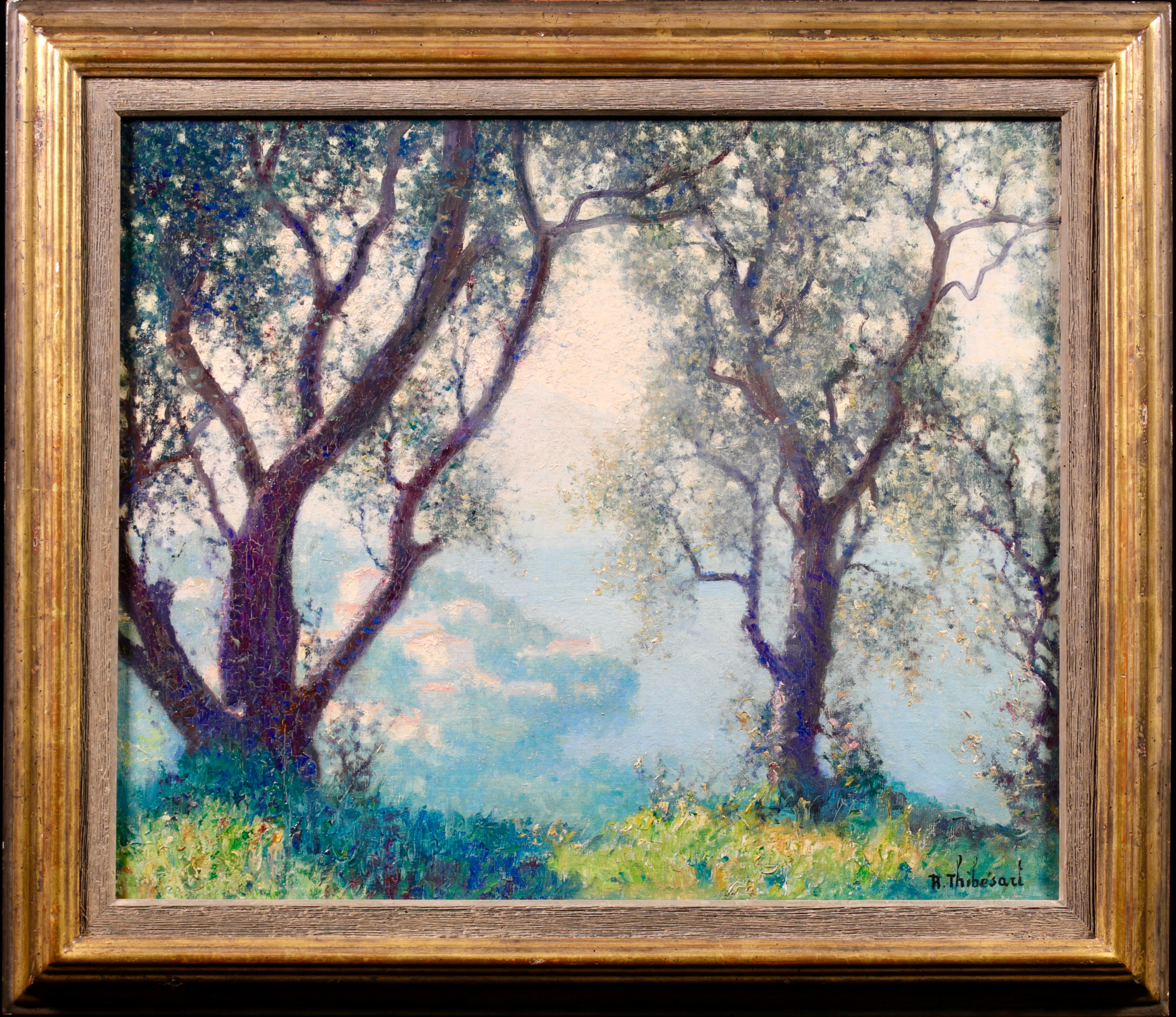 Signed post impressionist landscape oil on canvas circa 1950 by French painter Raymond Thibesart. The work depicts a view of the bay of Villefranche through two trees on a clifftop on a warm, sunny day. We can see the calm, blue see and the