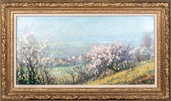 'Blossom Trees' Impressionist Landscape painting of pink blossom trees, fields 