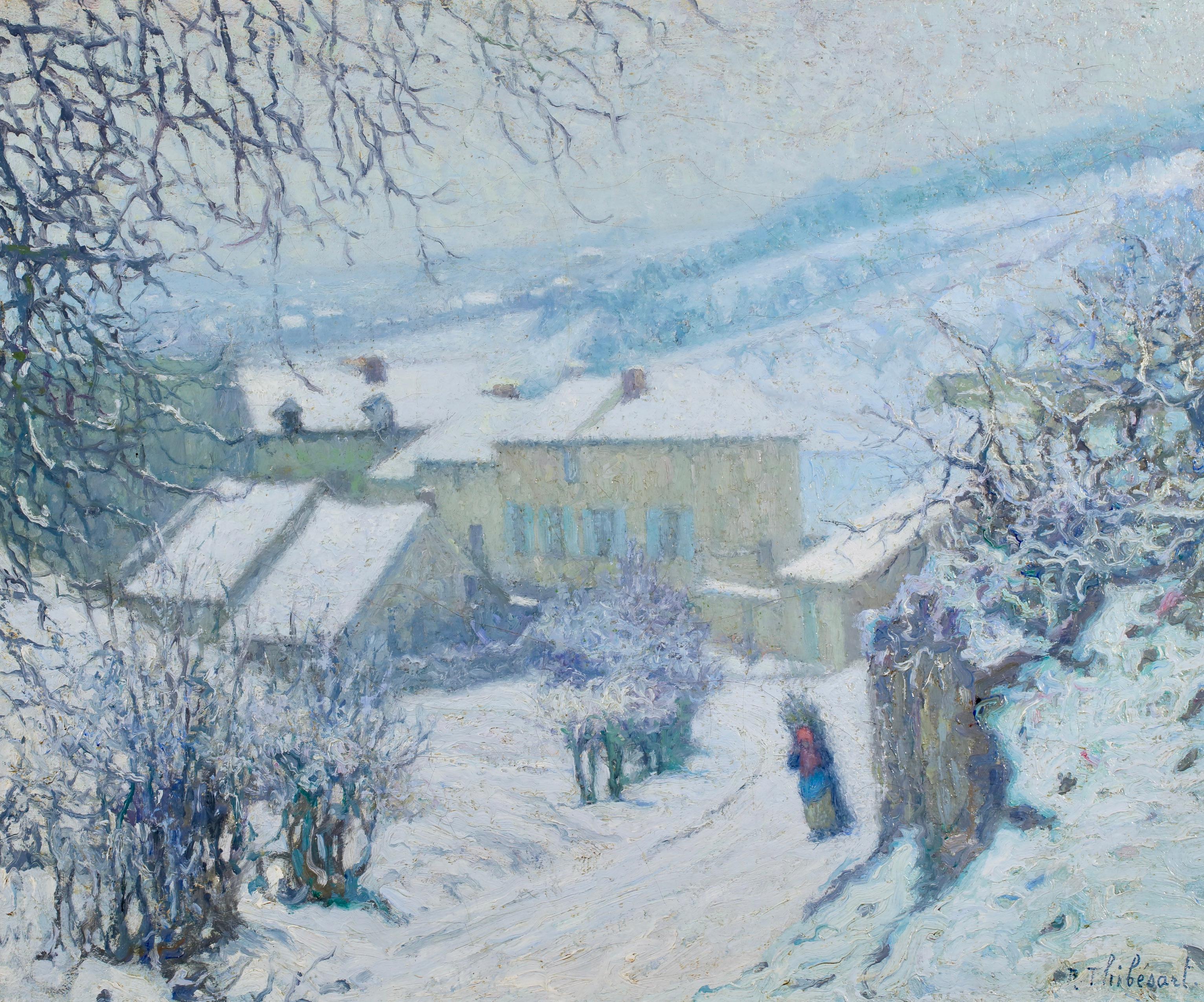 Charrette sous la neige - Postimpressionistische Landschaft, Öl von Raymond Thibesart im Angebot 1