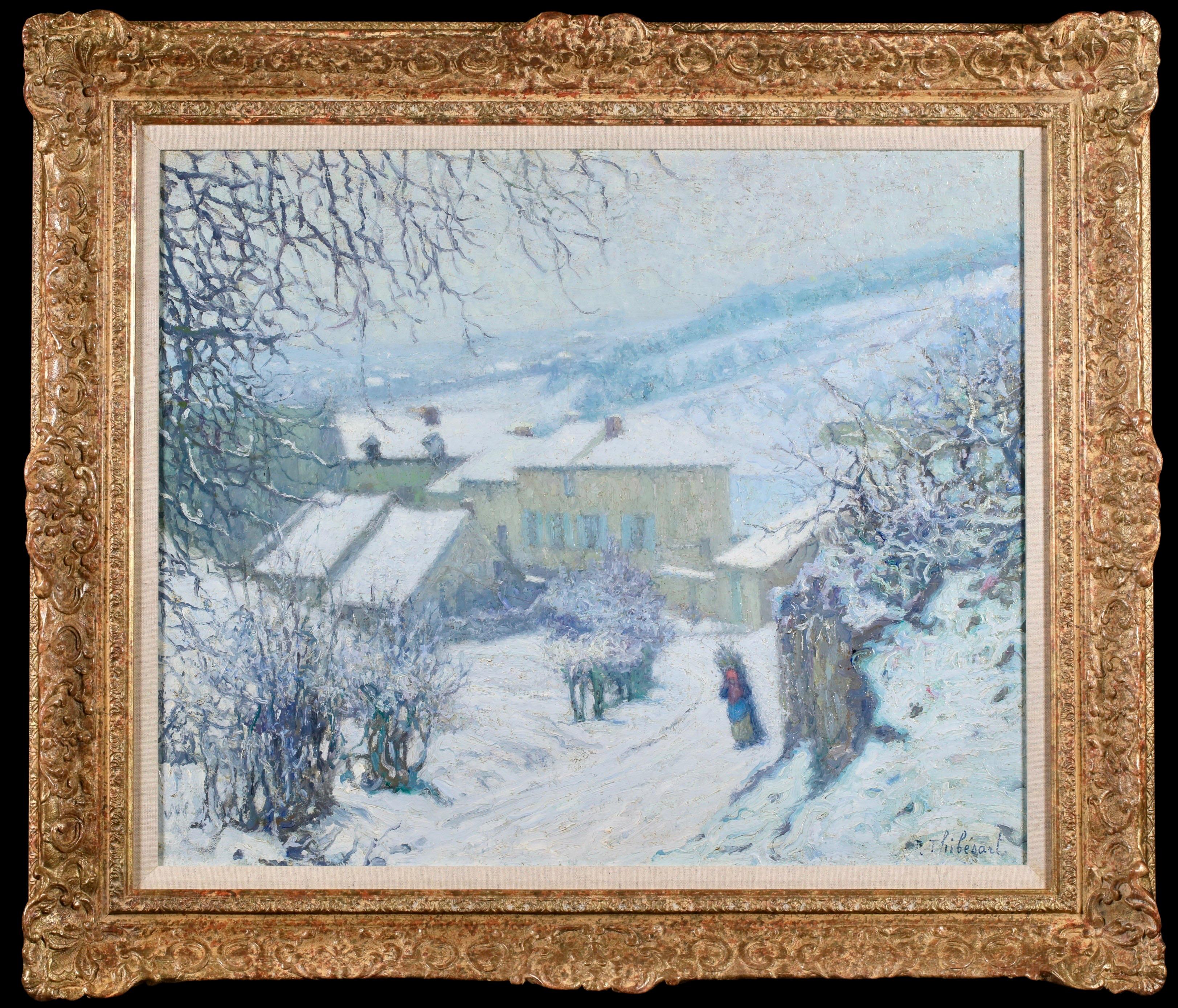 Signierte Öl auf Leinwand Landschaft circa 1910 von Französisch post impressionistischen Maler Raymond Thibesart. Das Werk zeigt die Ansicht eines kleinen ländlichen Dorfes im tiefen Winter. Die Dächer und umliegenden Felder sind mit weißem Schnee