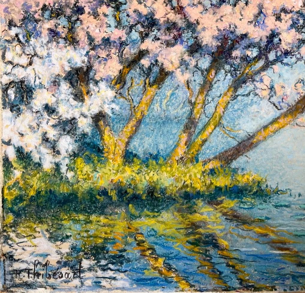 « Cherry Trees in Bloom on the Seine » Raymond Thibesart (France, 1874-1968) en vente 5