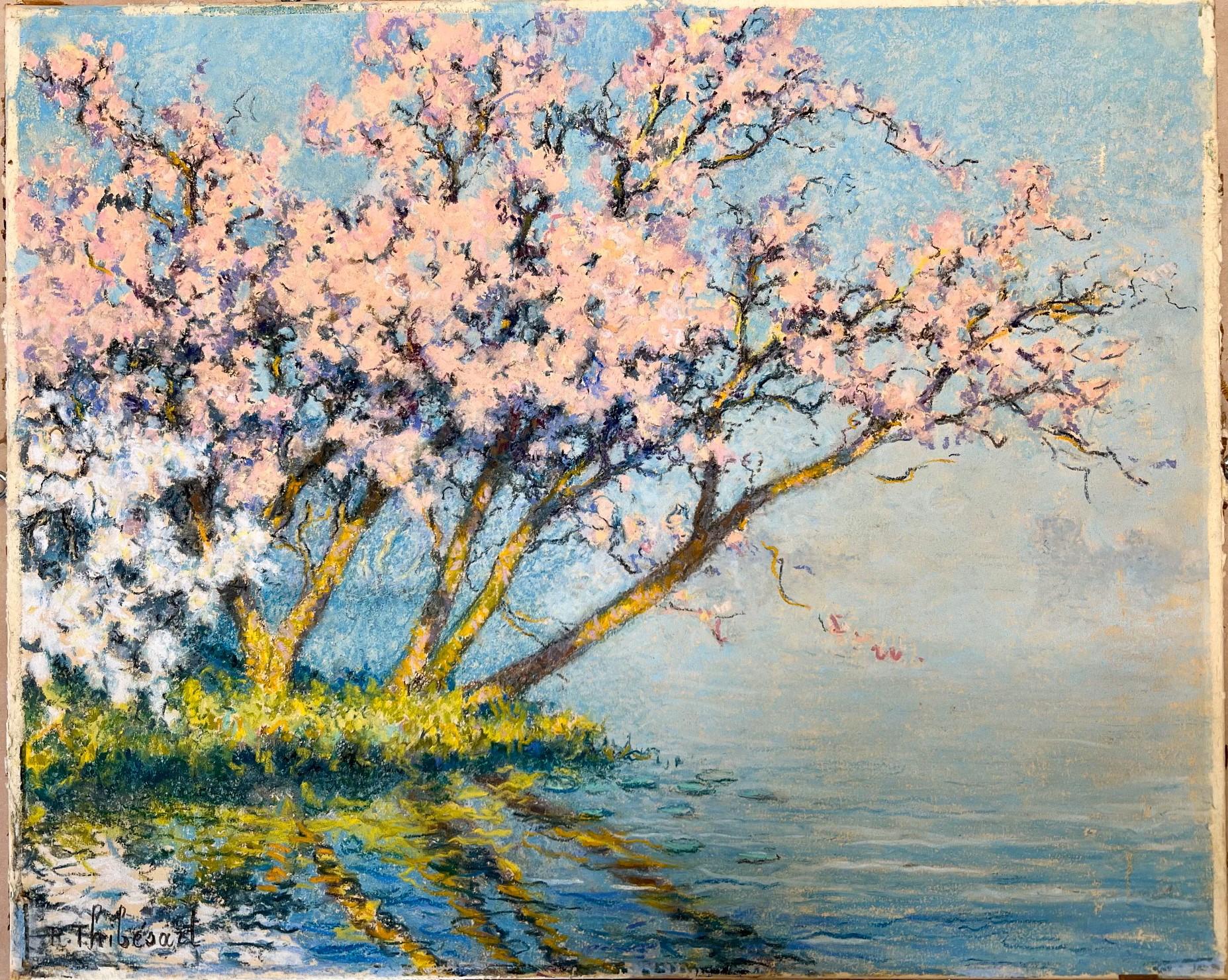 "Cherry Trees in Bloom on the Seine (Cerisiers en Fleurs sur la Seine)"
Raymond Thibesart (France, 1874-1968)
Pastel on paper, circa 1920s
Signed l.l.
Circa 15 1/2 x 12 1/2 inches (unframed)

Here with bright pastels, Raymond Thibesart exhibits