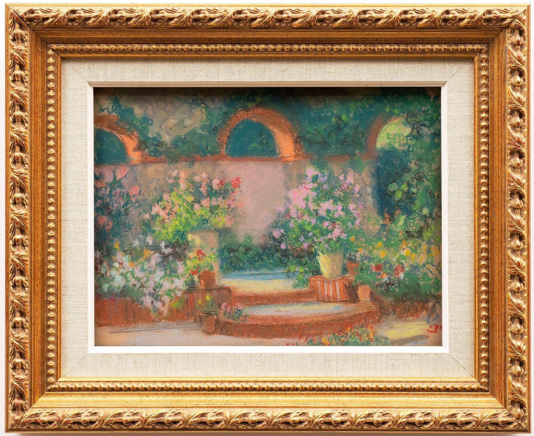 "El Jardín de Vaux" 
Raymond Thibesart (Francia, 1874-1968)
Pastel sobre papel, hacia 1920
Sello del estudio en el reverso: INV Nbr. 823
9 1/2 x 12 (17 1/2 x 14 enmarcado) pulgadas

Raymond Thibesart nació en el seno de una familia acomodada el 2 de
