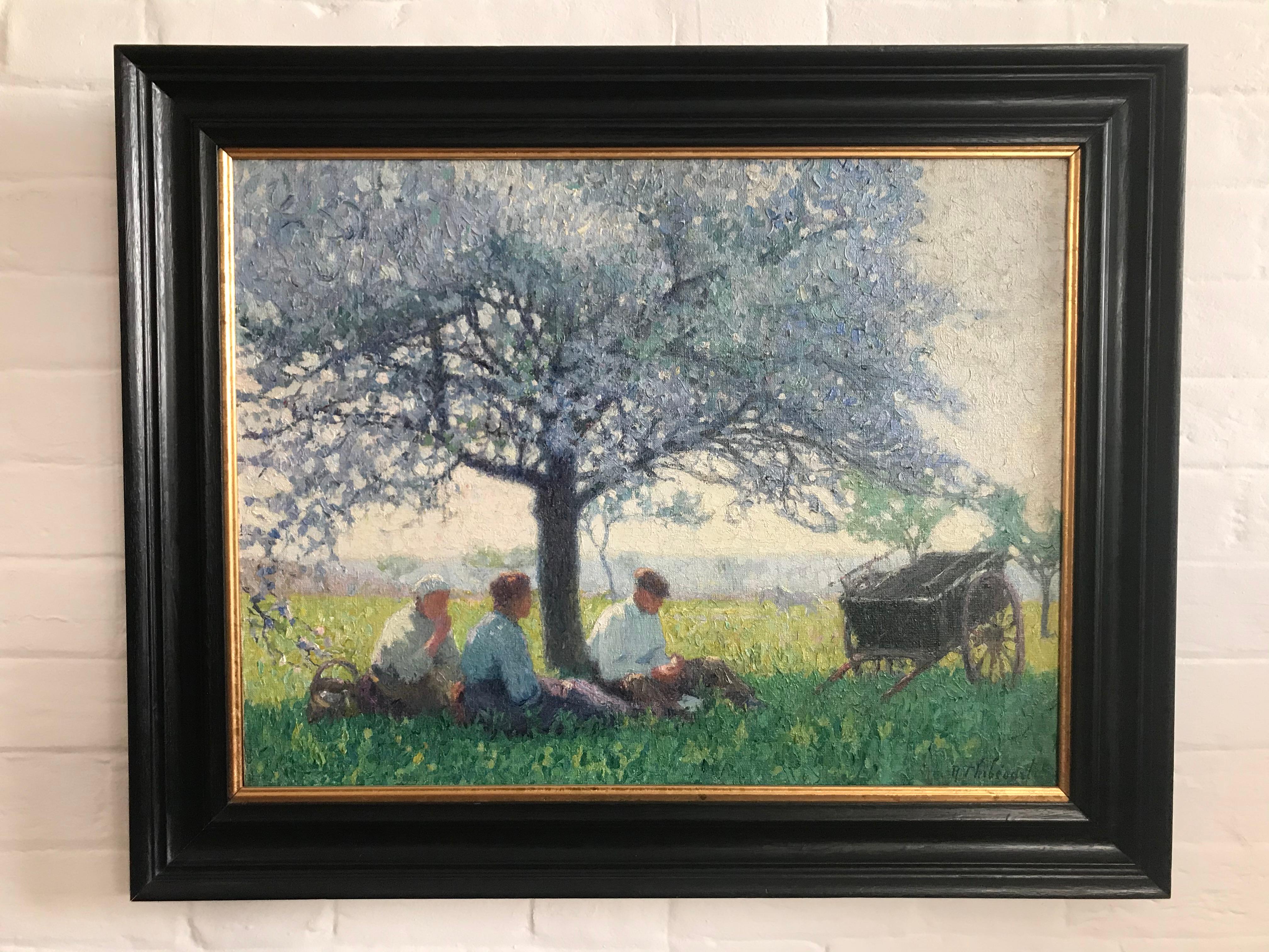  Raymond Thibésart, French Impressionist, A picnic under the Cherry blossom - Painting by Raymond Thibesart