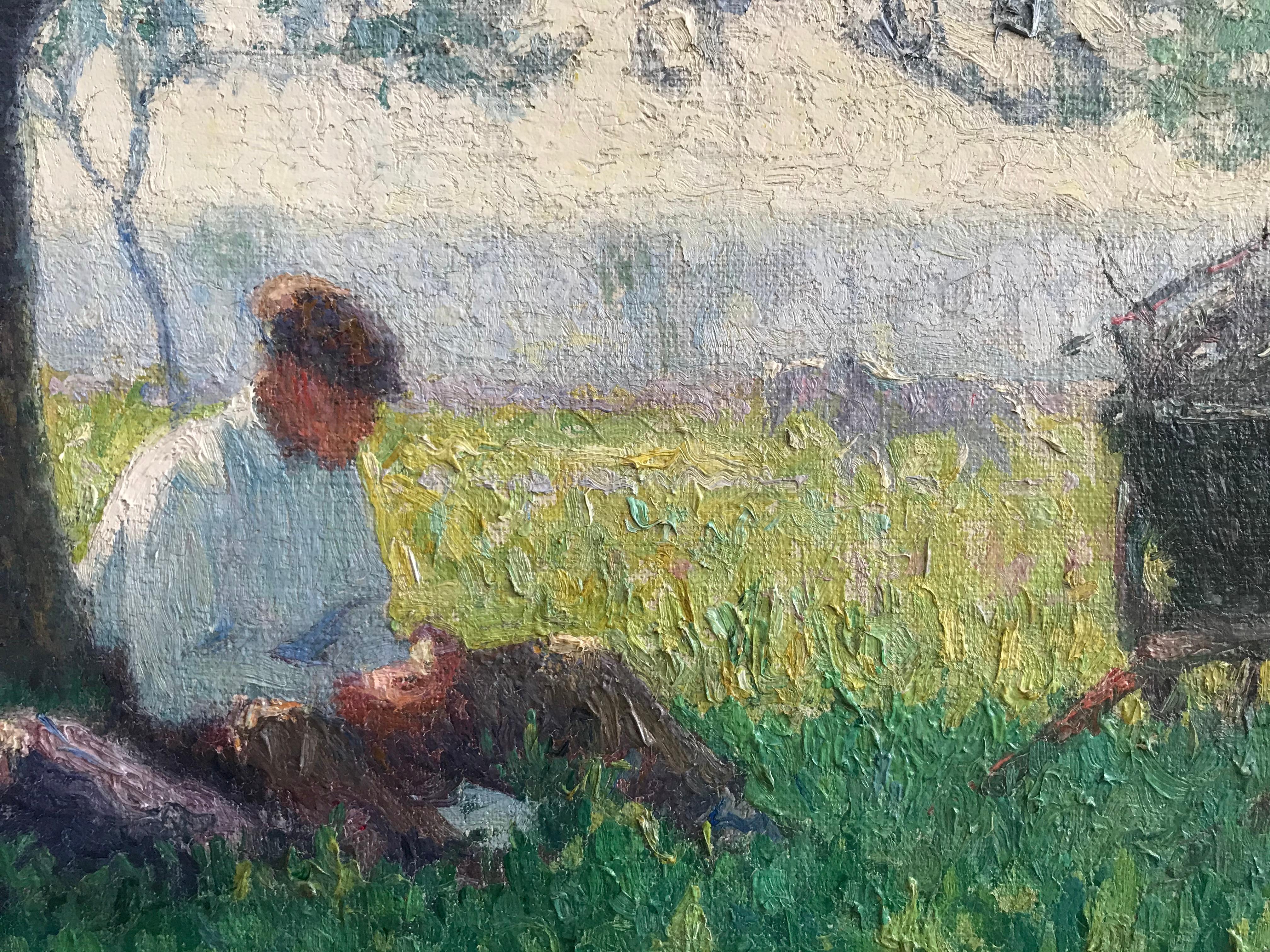  Raymond Thibésart, French Impressionist, A picnic under the Cherry blossom - Gray Figurative Painting by Raymond Thibesart