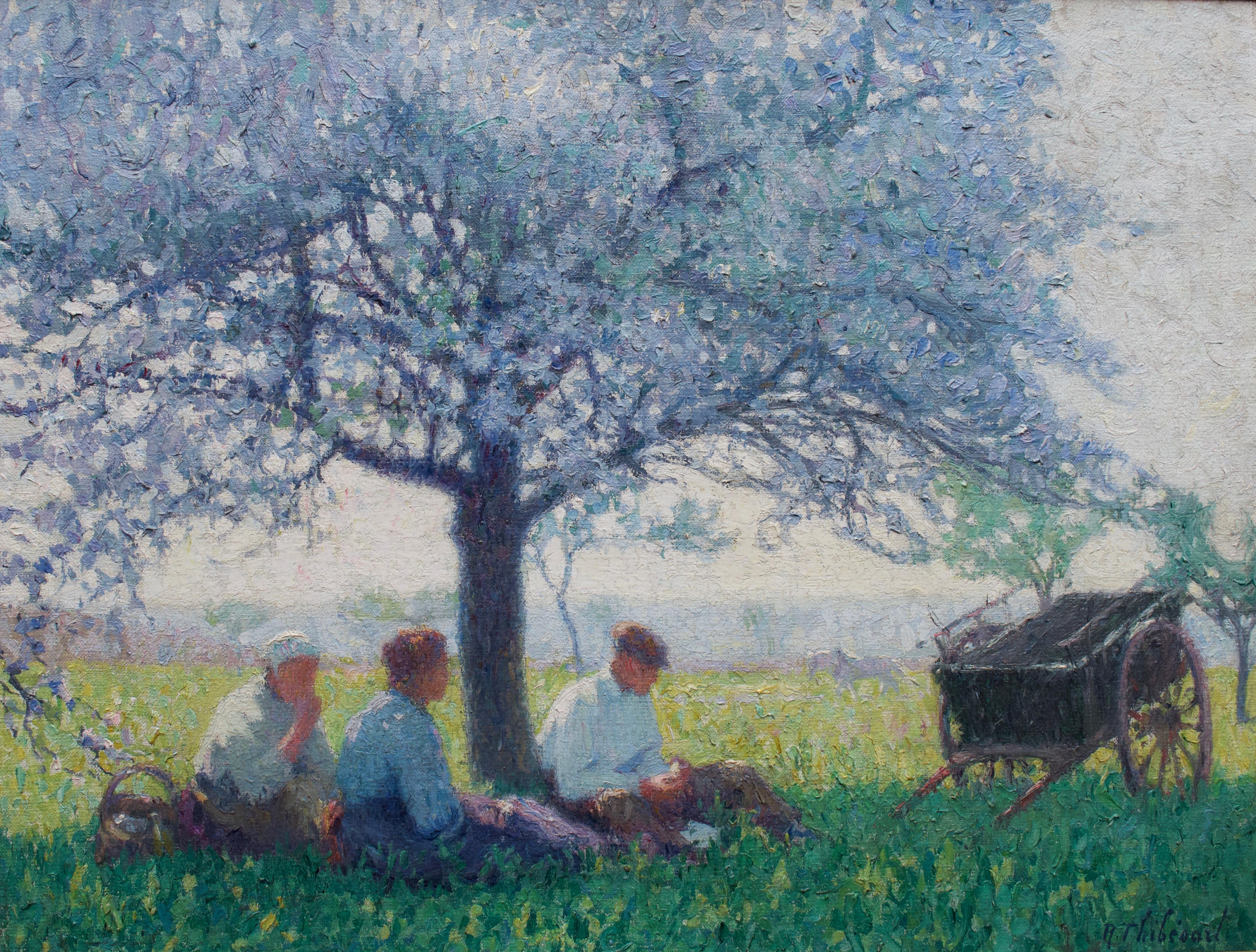 Raymond Thibesart Figurative Painting -  Raymond Thibésart, French Impressionist, A picnic under the Cherry blossom
