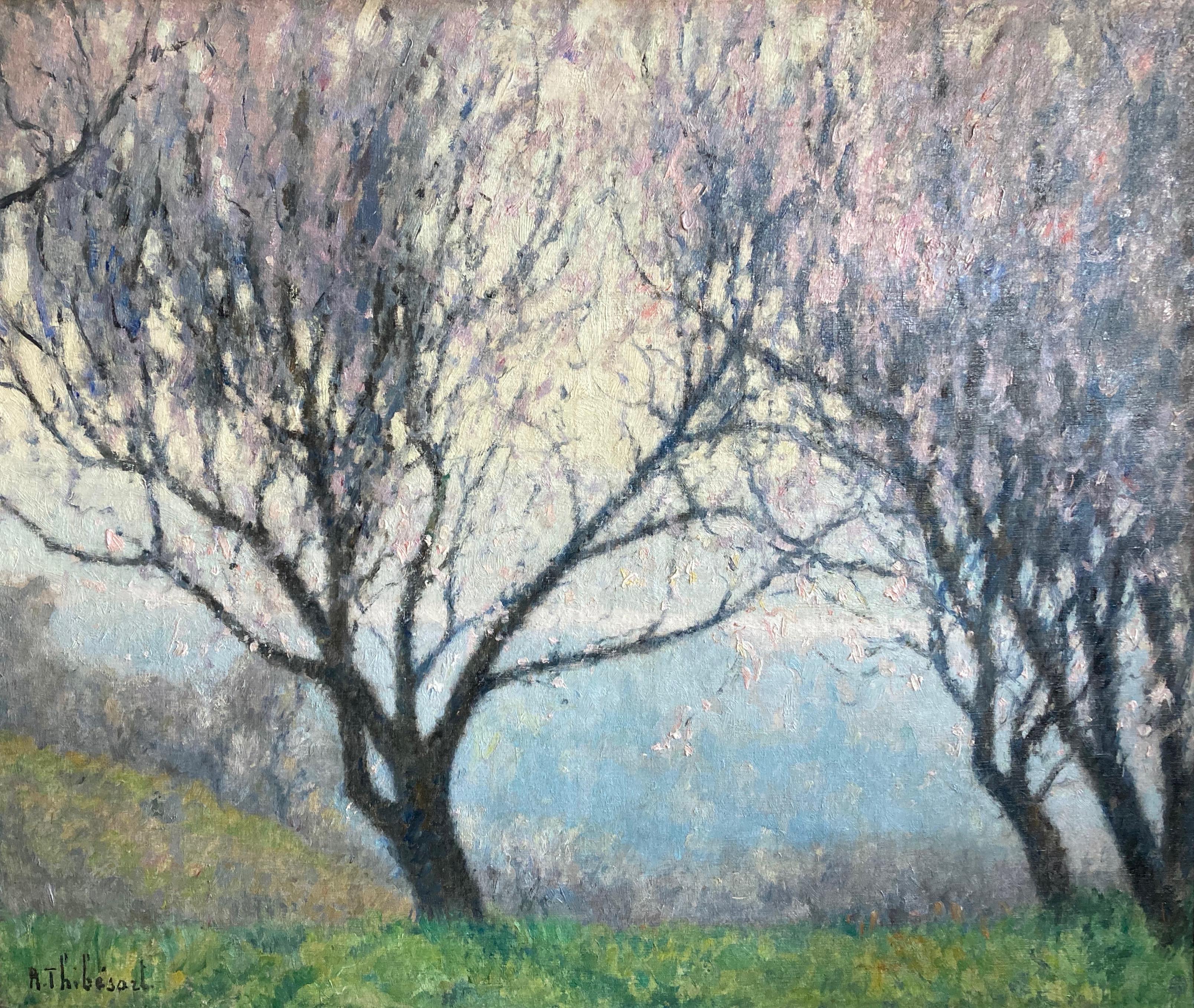  Raymond Thibésart, French Impressionist, Springtime on the banks of the Seine - Gray Landscape Painting by Raymond Thibesart