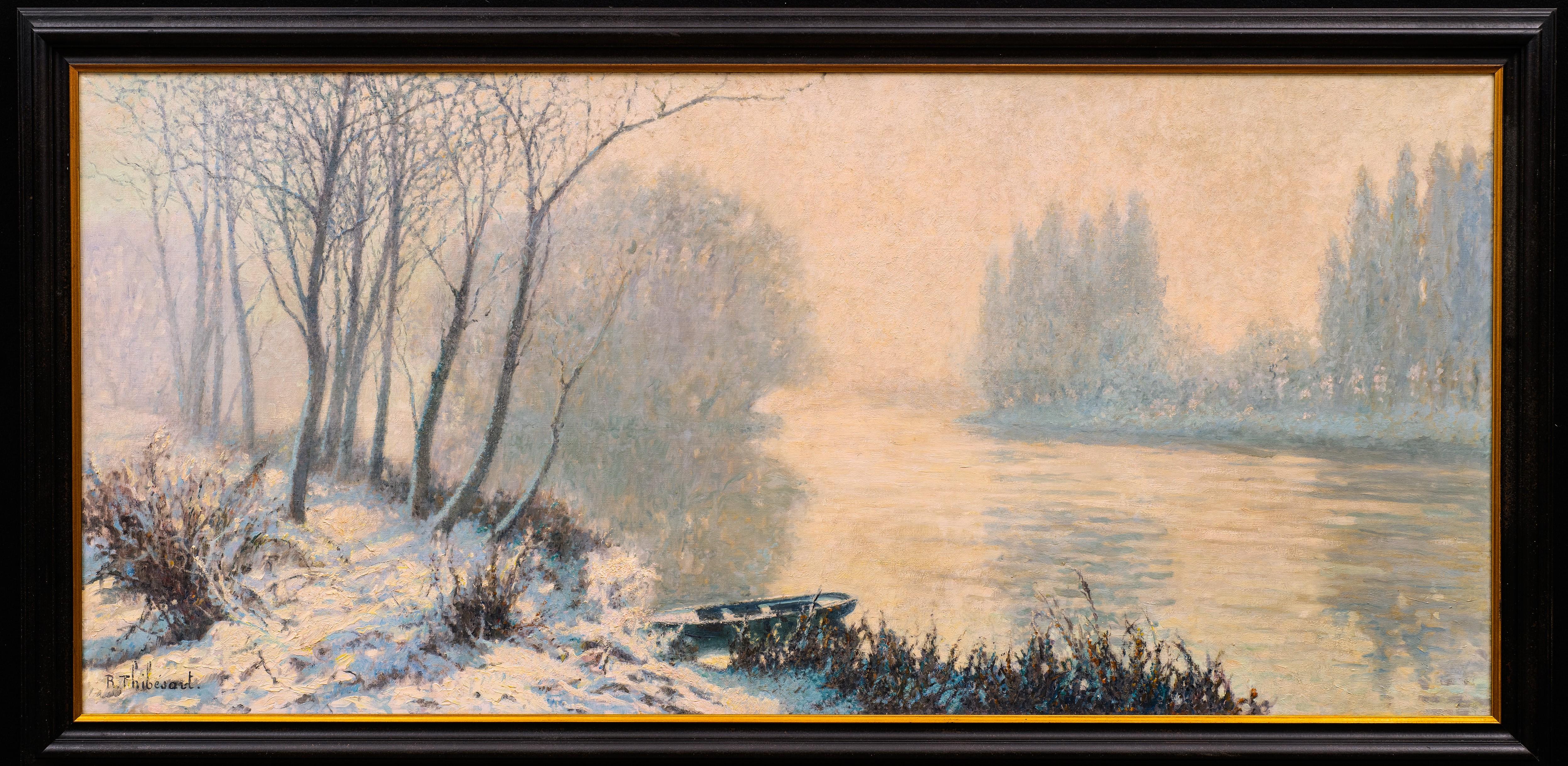 "Seine unter dem morgendlichen Schnee (Seine Sous la Neige du Matin)"
Raymond Thibesart (1874-1968)
Öl auf Leinwand
70 x 31 ½ (36 ½ x 74 ½ Rahmengröße) Zoll
Signiert unten links

Der Morgennebel auf der Seine wird unter einer weichen Nebeldecke und