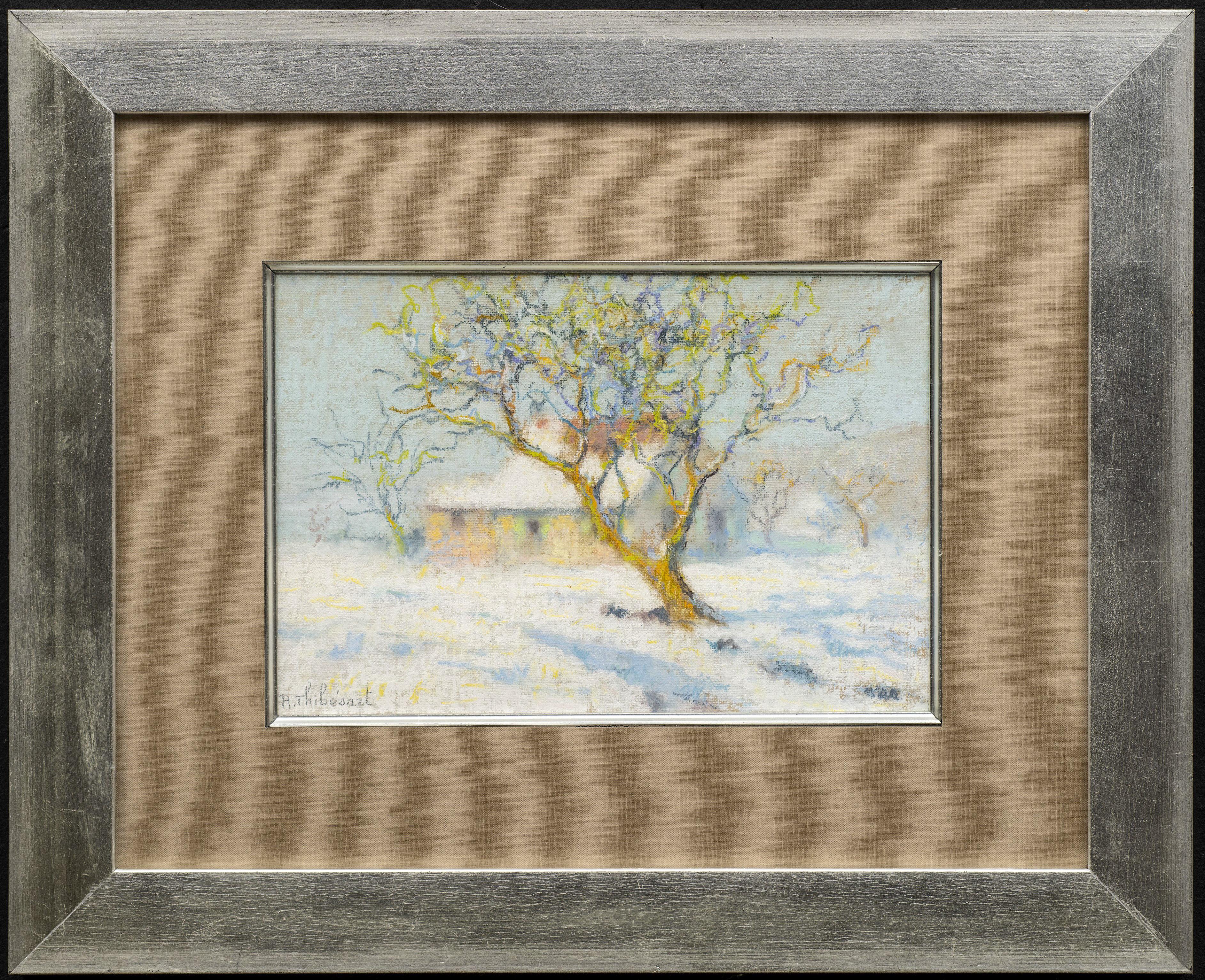 Tree and House Under the Snow (Arbre et Maison Sous la Neige) 
Raymond Thibesart (France, 1874-1968)
Pastel on canvas, circa 1920s
9 1/2 x 12 ( 14 x 17 1/2 framed) inches

This is a little bit different for Thibesart in that he didn't paint a lot of