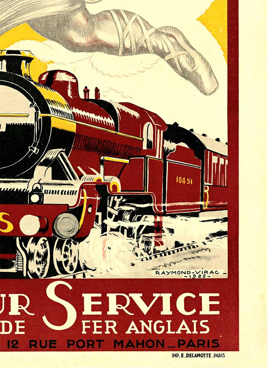 Cartel Art Decó original de 1925 de los Ferrocarriles Midland y Escoceses de Londres (LMS). El artista es Raymond Virac. Con soporte de lino de archivo y en excelente estado, listo para enmarcar. Limpia y vibrante, es probablemente la mejor