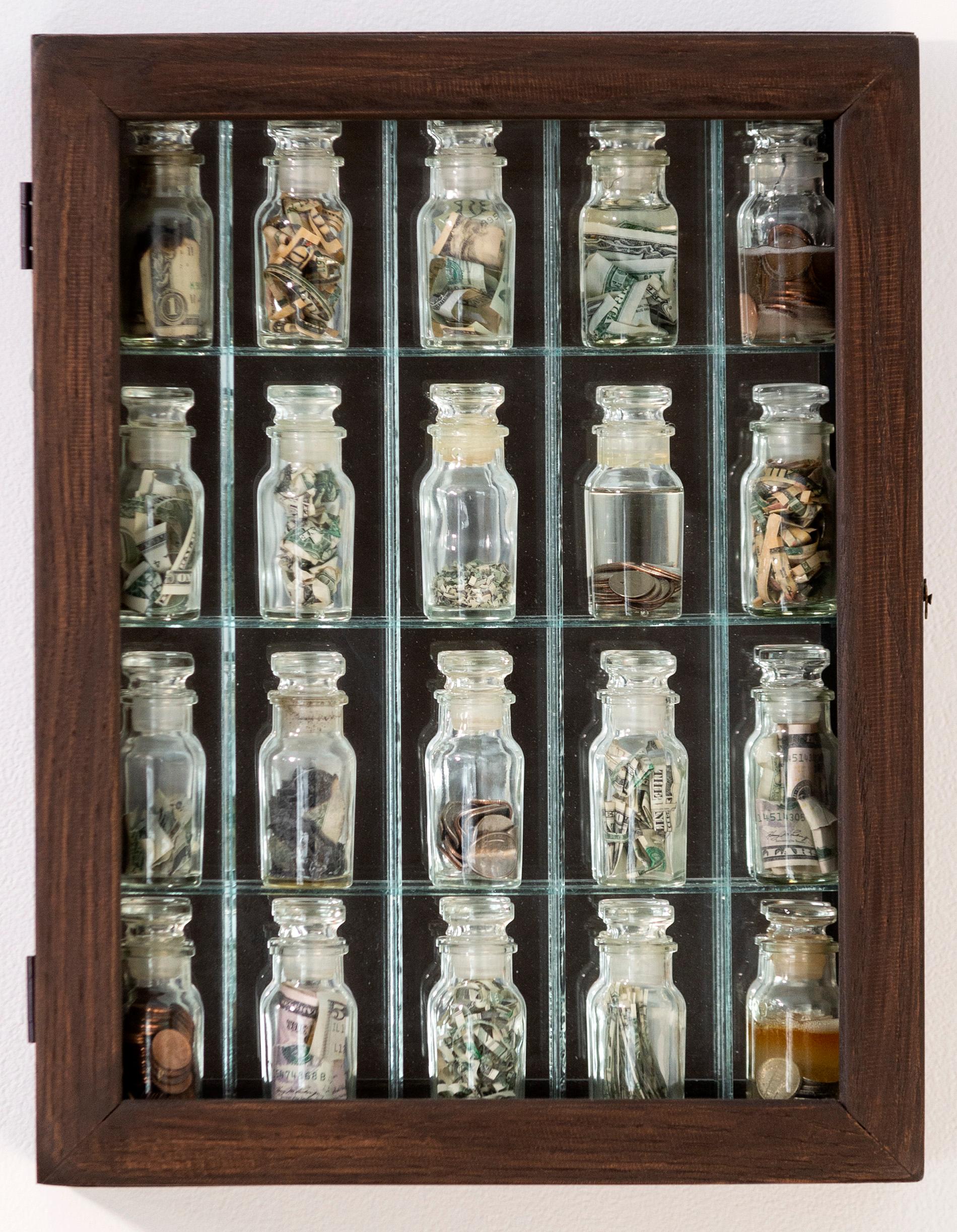 Stimulus Package - cabinet, bottles, money, mixed media, wall sculpture