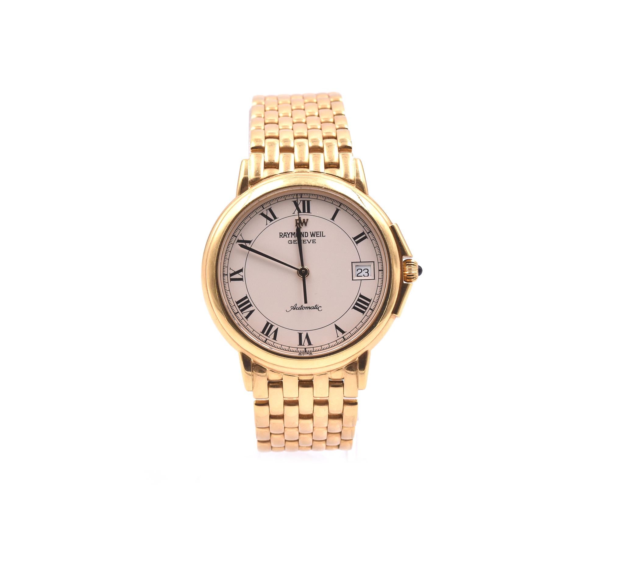 Movement: automatic
Function: hours, minutes, date
Case: 35mm, yellow gold case, sapphire protective crystal, pull/push crown, water resistant
Band: 18k yellow gold bracelet 
Dial: ivory dial, black Roman numerals, black hands, gold second