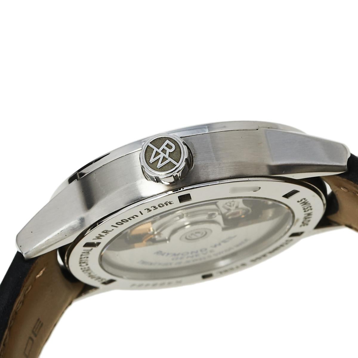 Raymond Weil Black Stainless Steel Leather Freelanc  Men's Wristwatch 42.50 mm In Good Condition In Dubai, Al Qouz 2