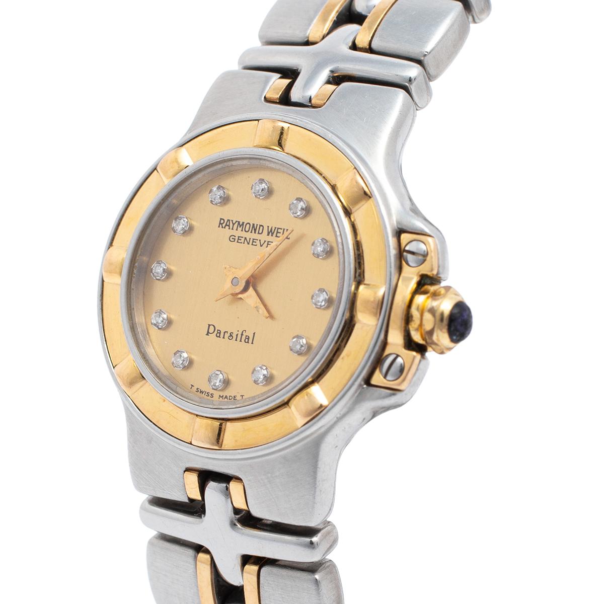 Keep time and accessorize your everyday style with this Raymond Weil watch. It is made from stainless steel and it has an 18k yellow gold bezel. On the champagne dial, there are diamond hour markers with two hands. It is complete with a water